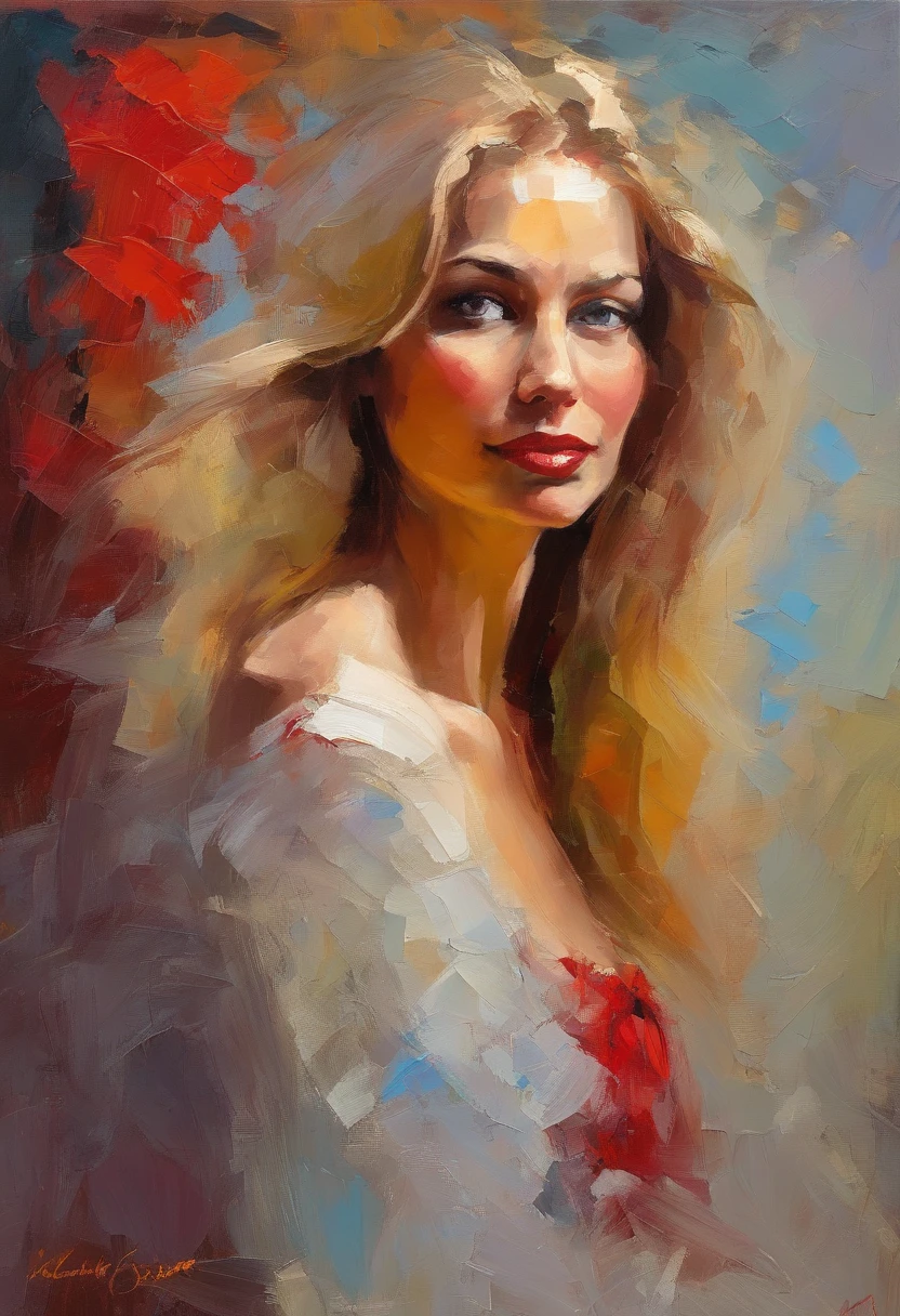 Female portrait, very beautiful woman, long blond hair, smiling eyes, looking right at the point of view, low cut red dress, acrylic painting, bold and expressive brushwork, impressionistic style, detailed face, epic background, expert lighting and shadows, fine art painting, Junyi Liu.