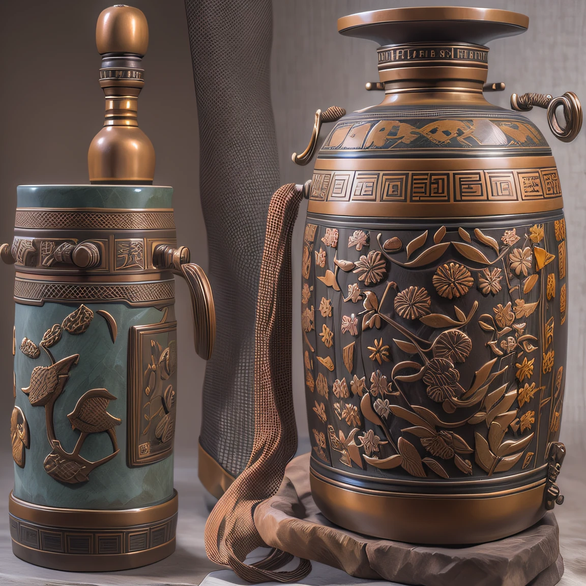 Ancient Chinese artifacts,The bottle is placed on the stone letter,Overall height 28 cm,There is a cover on it,Threading with hinges,The buckle is tight。The shape of this copper clean bottle is similar to that of the copper clean bottle unearthed by the monk Tataki of the God Society,It can be concluded that it is a relic of the Tang Dynasty