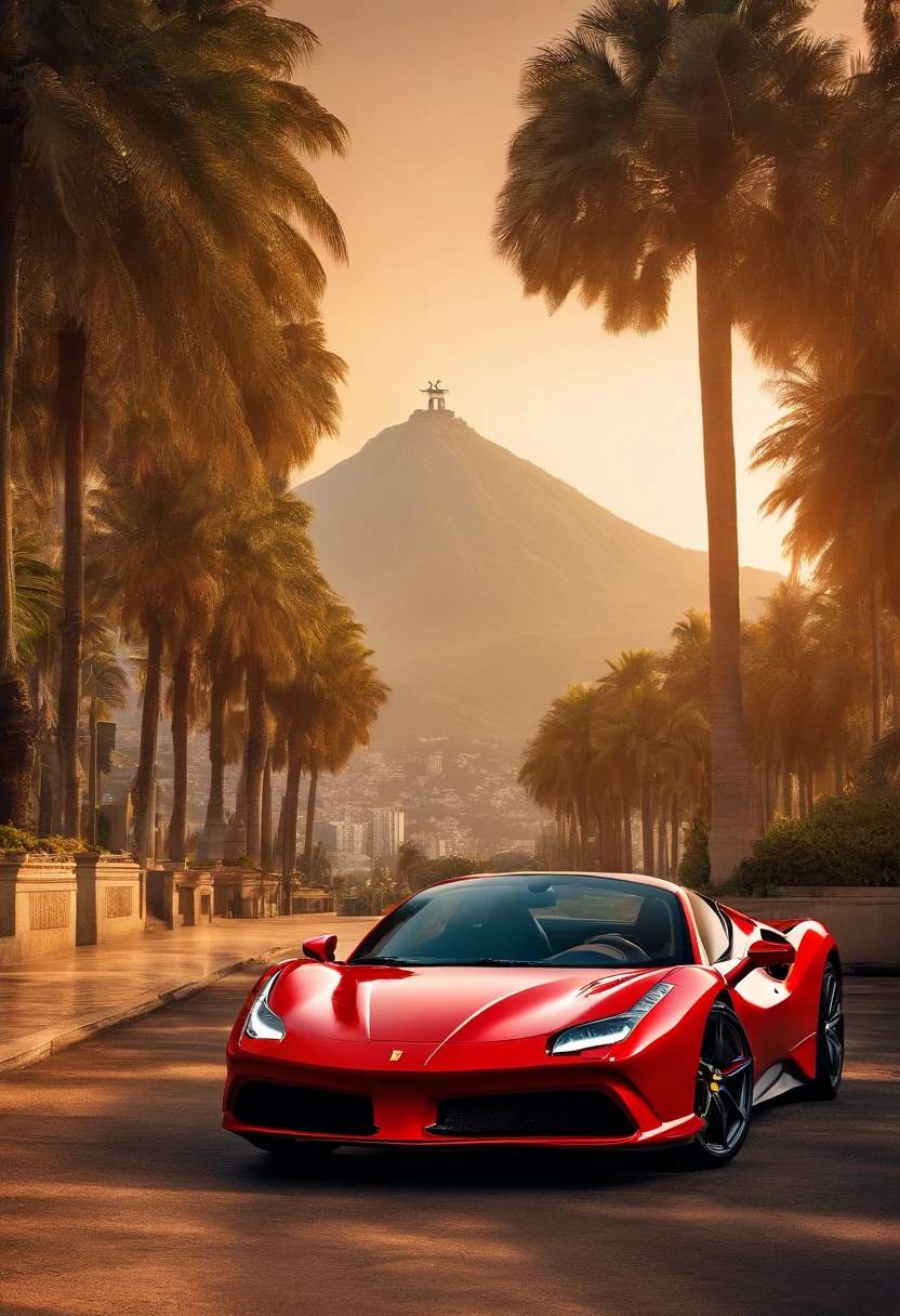 (best quality, 8k, master part :1.2), hyper realistic, cidade do Rio de Janeiro, Brasil, em uma montanha, uma Ferrari 488 vermelha detalhada, Cristo Redentor ao fundo, uma com uma arma cruzada e uma bola de futebol nos pes de costa em roupas de esporte olhando para a paisagem