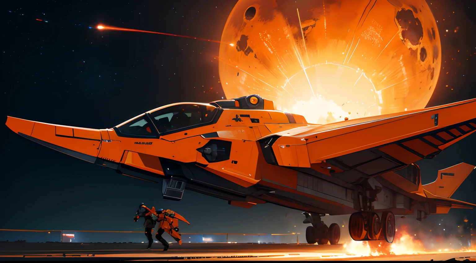 Three men wearing orange space suits walk into a pointed spaceship as the back of the spaceship ignites and takes off.
(best quality,4k,8k,highres,masterpiece:1.2),ultra-detailed,(realistic,photorealistic,photo-realistic:1.37),HDR,UHD,studio lighting,ultra-fine painting,sharp focus,physically-based rendering,extreme detail description,professional,vivid colors,bokeh,portraits,landscape,horror,anime,sci-fi,photography,concept artists,orange space suits,pointed spaceship,ignites,takes off.