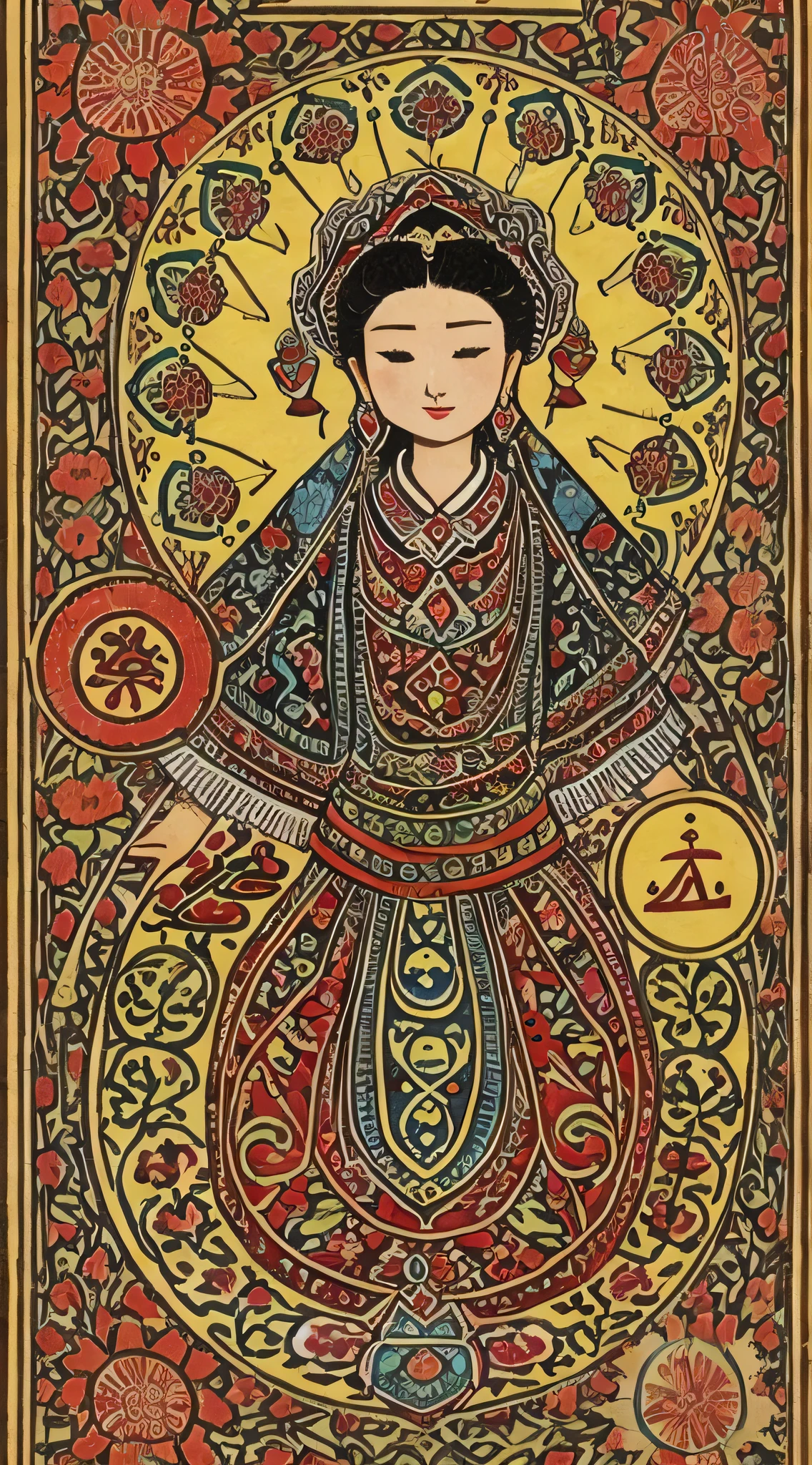 Xinjiang Adeles pattern、Uyghurs、geometric shapes、Botanical motifs、brightcolors、Traditional culture、ArtisticExpressions、National characteristics、Xinjiang regional elements、symetry、textiles、ceramics、buildings、Decorative motifs、Arab culture、Cultural heritage、Uniqueness、Traditional artwork、line sleek、National style、Artistic beauty、CreativeDesign、Artistic expression、Cultural heritage、Historical traditions、Colorful and diverse、visual shock、Artistic details、Multicultural、Traditional craftsmanship、Unique charm、Modern heritage。