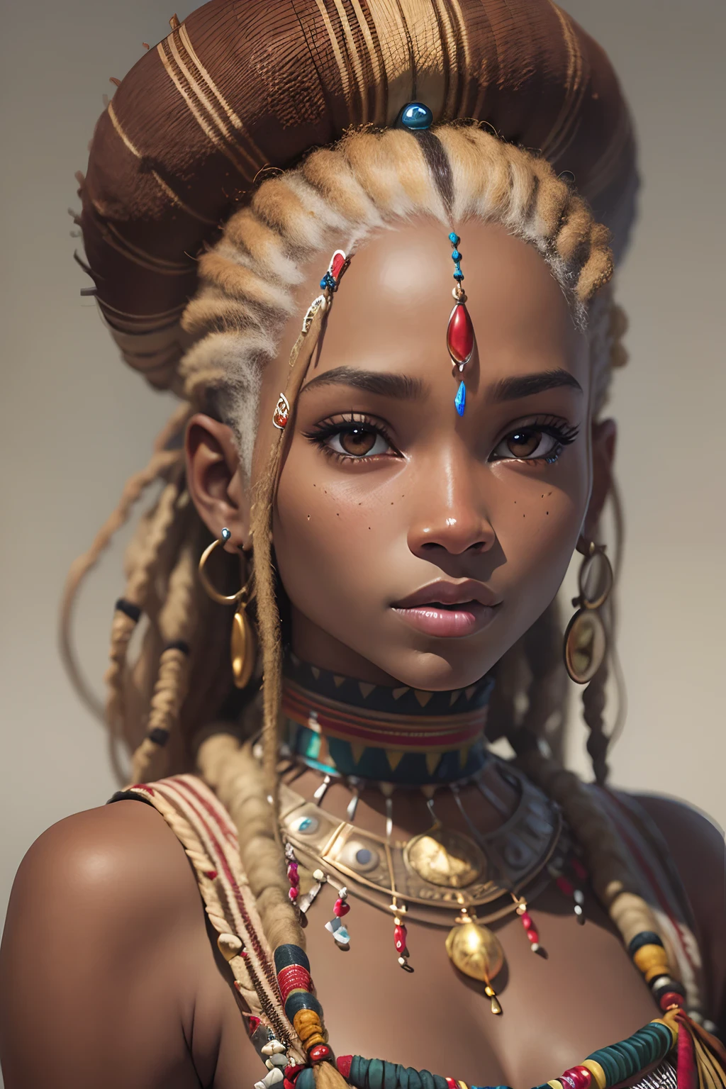girl, , african tribal priest, priest clothes, priest staff, accessories, small breasts,naked,battle facepaint, vibrant appearance, creative behavior, imaginative, sensual, spontaneous, highest quality, skin texture, intricate details, (cinematic lighting), RAW photo, 8k