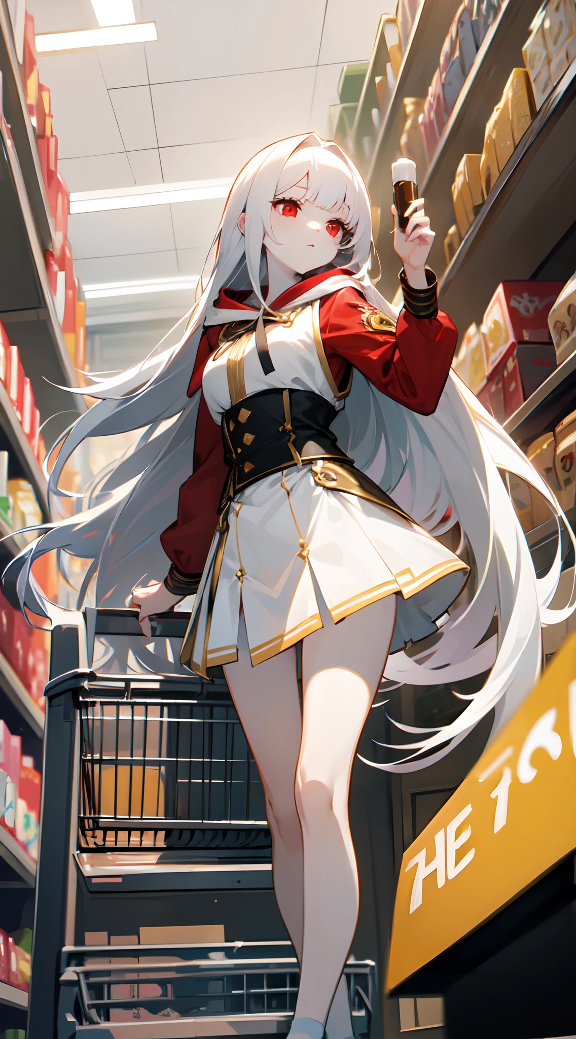 In a grocery story , shopping , bright lit , casual scene , Pretty girl , with extremely long hair , pure white hair , red eyes , has bangs , pale skin ,age 21,


Wearing a white outfit , had a hood , black trim , gold trim , short white skirt , black underskirt , black strap around thigh , white high heel boots