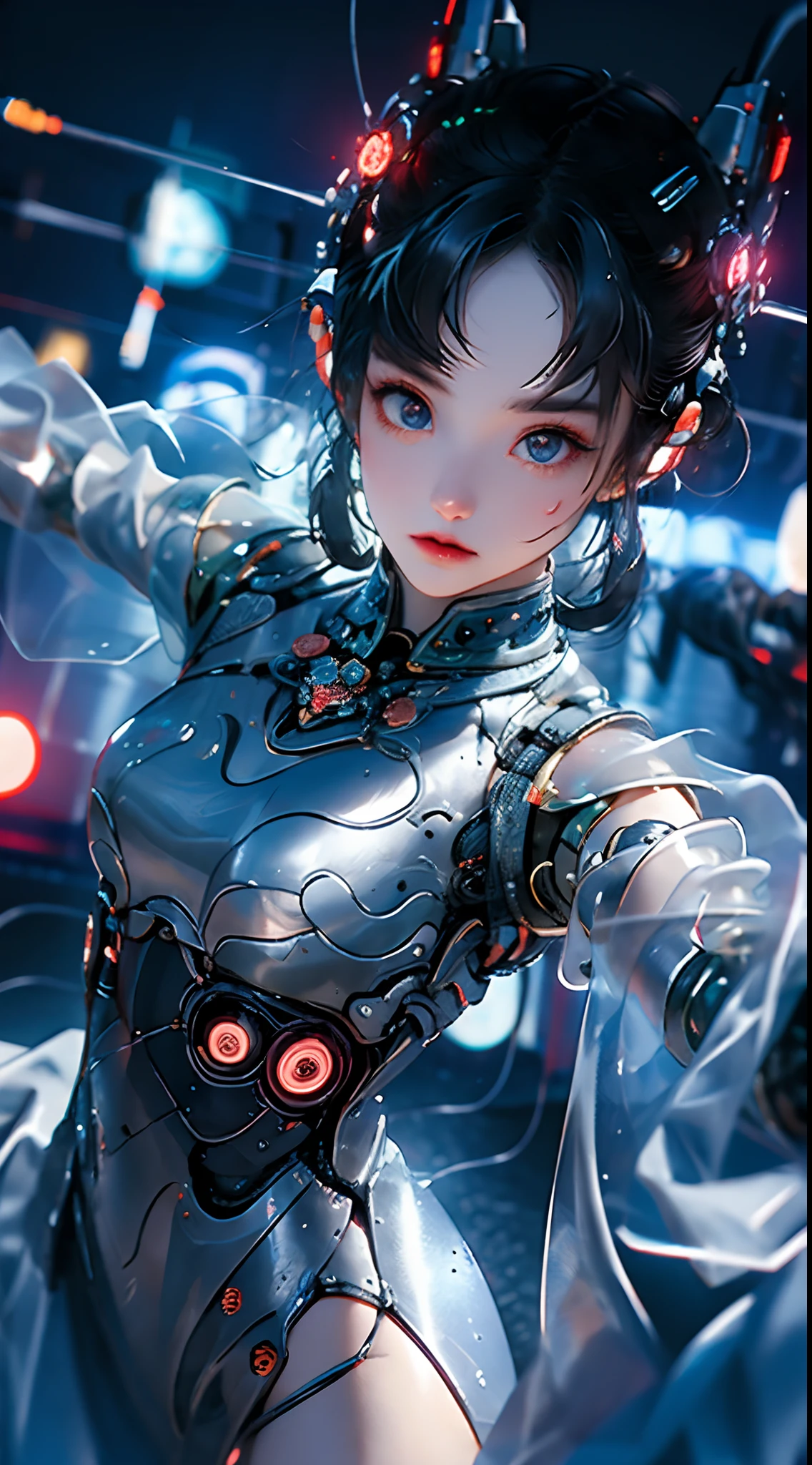 motor irreal:1.4,UHD,La mejor calidad:1.4, fotorrealista:1.4, textura de la piel:1.4, obra maestra:1.8,1 girl, chino_ropa, liquid silver and pink, Cyberhan, vestido con un kimono rosa, ciudad cyberpunk, dynamic pose, Auriculares brillantes, Accesorios para el cabello brillante, Cabello largo, pendientes brillantes, collar brillante, cyberpunk, high-tech city, full of mechanical and futuristic elements, futuristic, tech, Glowing neon、luz rosa, Tul transparente, Serpentinas transparentes, laser, Fondo digital cielo urbano, Luna Grande, with vehicle, La mejor calidad, Masutepiece, 8k, Luz de borde del personaje, super high detail, alta calidad, the most beautiful woman in human beings, micro sonrisa, face symmetrical, Antena auricular, Hermosos efectos de luz de pupila, Datos visuales、(manos:1.4)