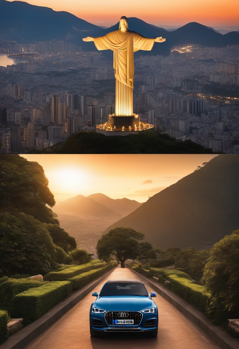(best quality, 8k, master part :1.2), hyper realistic, cidade do Rio de Janeiro, Brasil, em uma montanha, um porche carro, Cristo Redentor ao fundo, uma menino com uma arma cruzada e uma bola de futebol nos pes de costa em roupas de esporte olhando para a paisagem
