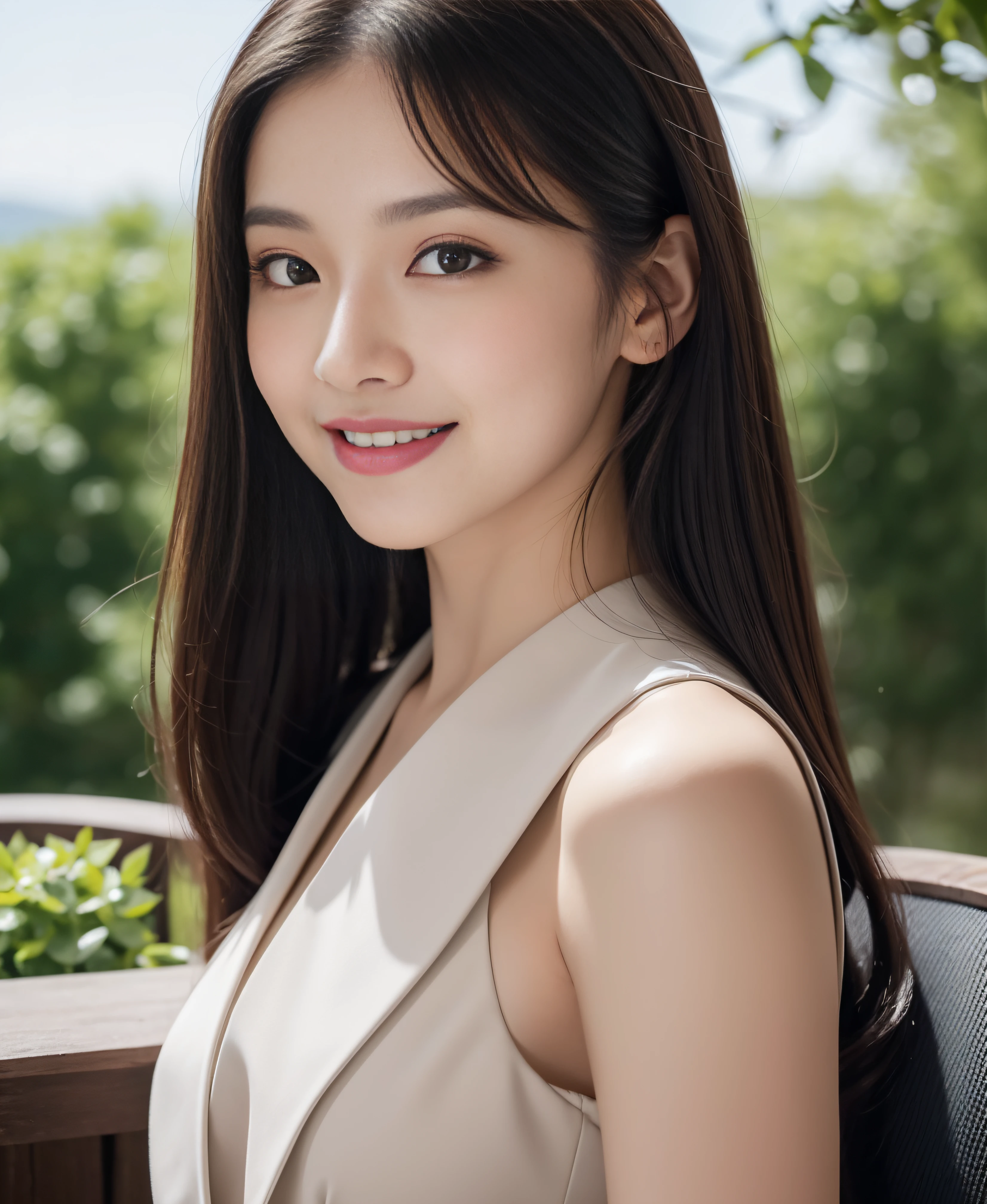 ((best quality, 8K, masterpiece: 1.3)), beautiful girl, pure, melon face, kind and cute, sweet smile, pure desire, slender body, (facing front), (tilted head), purple suit, medium black silky straight hair, long flowing shoulders, round black big eyes, clear big eyes, moist red lips, sweet, ((bust up)), sitting on a cafe chair, terrace background,