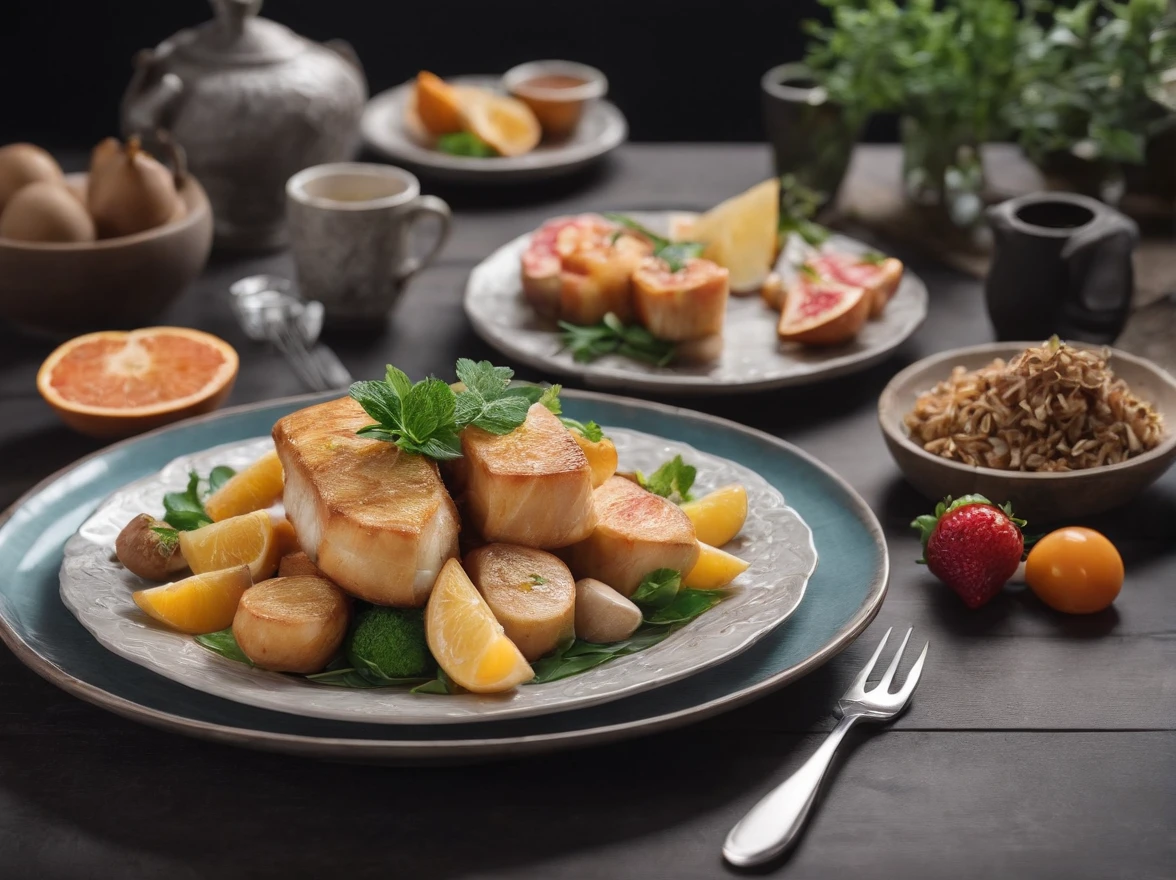 Delicious dining table, Cinematic, Professional Photography, Studio Lighting, Studio Background, advertising photography, Intricate details, ultra-detailliert, A hyper-realistic, 8KUHD