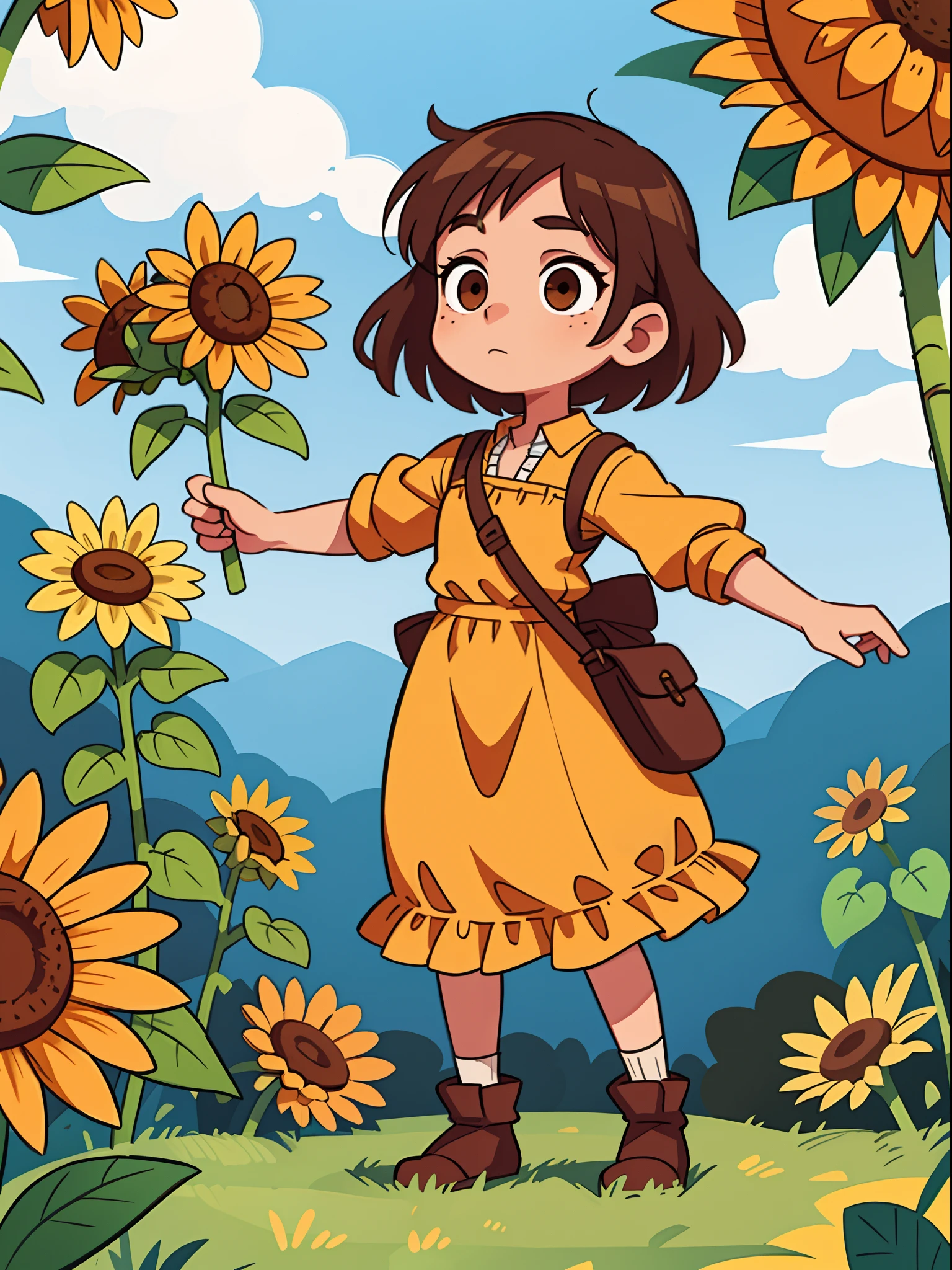 A girl, with short brown hair, Brown eyes, Medieval dress, freckles on her face, loves sunflowers, At the Standing Pose picnic, character sheet, different angles