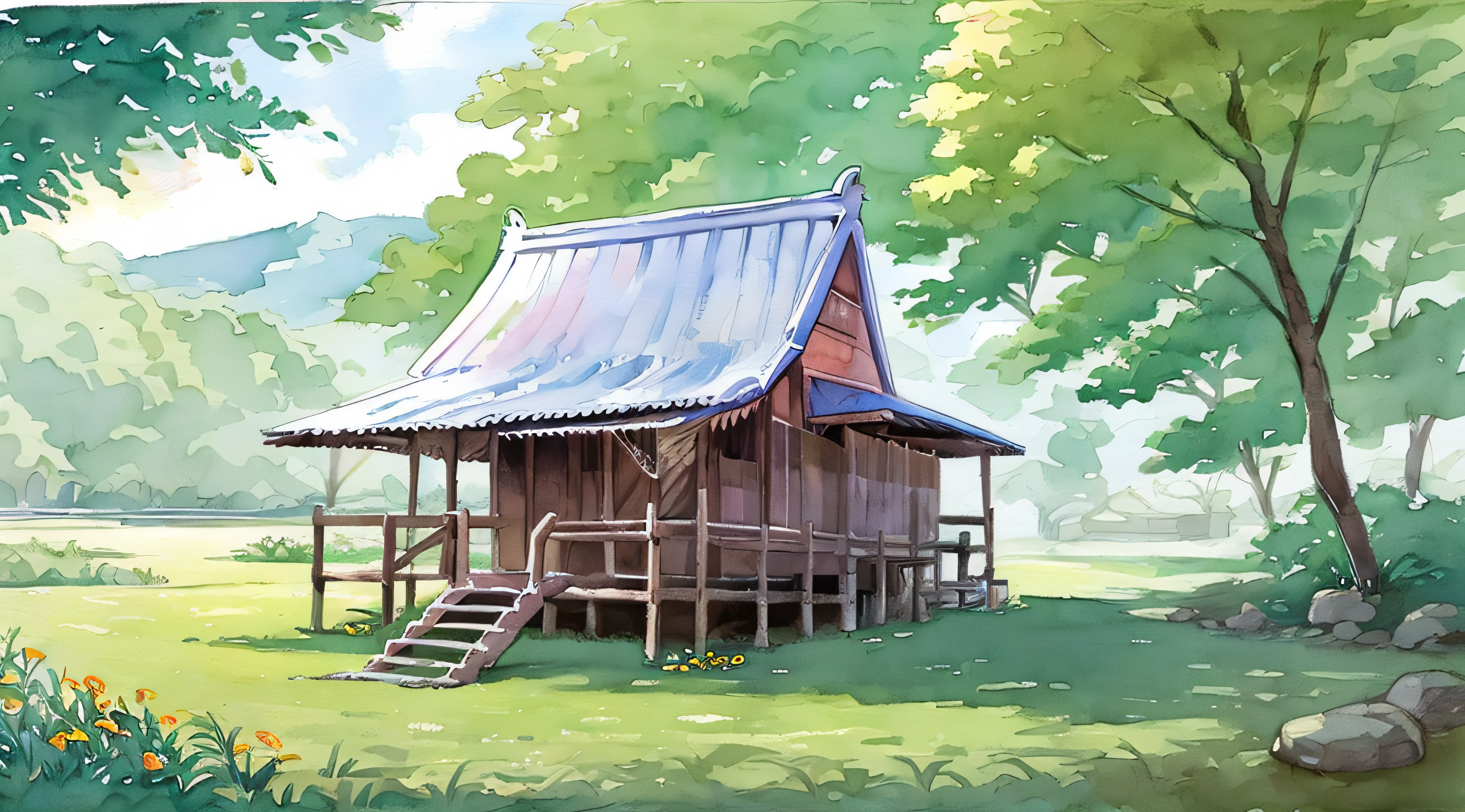 Watercolor painting , scence of BURMA(MYANMAR), ((small old hut beside stream)), a fishing boat in water,, trees, flowers are blooming aside of fence,, bright sun, shade, best composition, masterpiece art work, color full, detailed watercolor painting
