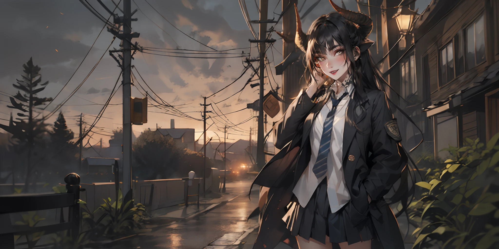 horns, tattoo, makeup, 1girl, skirt, long_hair, necktie, black_hair, power_lines, blue_eyes, solo, pleated_skirt, outdoors, very_long_hair, smile, jacket, shirt, school_uniform, tree, bangs, standing, open_clothes, eyebrows_visible_through_hair, sky, long_sleeves, looking_at_viewer, telephone_pole, black_skirt, blush, hand_in_pocket, wing_collar, miniskirt, white_shirt, cowboy_shot, open_jacket, collared_shirt, bare_tree, hand_up, striped_neckwear, sign, lamppost