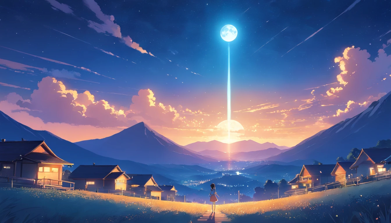 moon full，Blue night sky，bright star，Bonfire in the mountains，Small towns