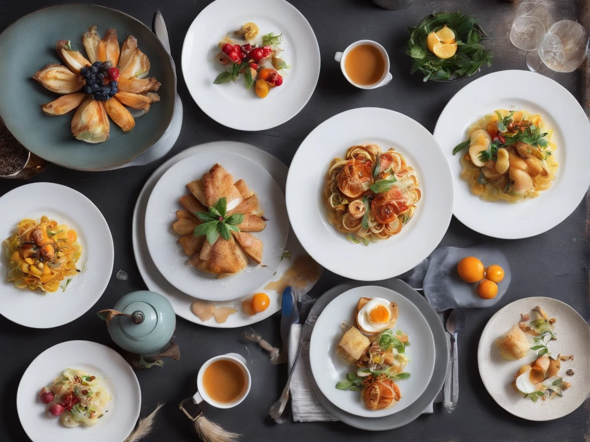 Delicious dining table, Lots of dishes,Cinematic, Professional Photography, Studio Lighting, Studio Background, advertising photography, From directly above, Fancy Detire,ultra-detailliert, A hyper-realistic, 8KUHD