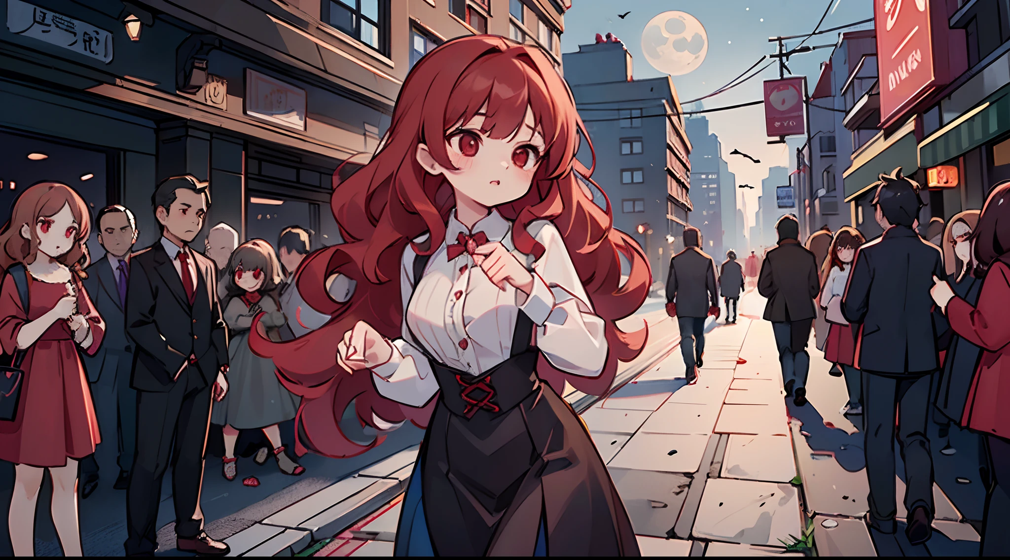 ((Vampire Woman: Red Eyes、Curly hair、Very sensual),(Walk gracefully along bustling urban boulevards),(In the moonlight),(a scene from a movie:1.2))