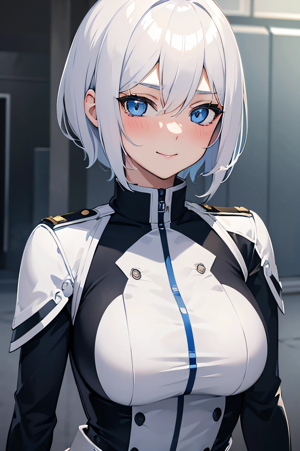 anime style girl, young, blue bright eyes, blue eyes, mature looking, short white hair, free hair, seductive, seductive smile, blush, confident, looking at viewer, seductive look, high res, detailed, 9k, raw, military uniform, dressed, white uniform, techwear, no cleavage