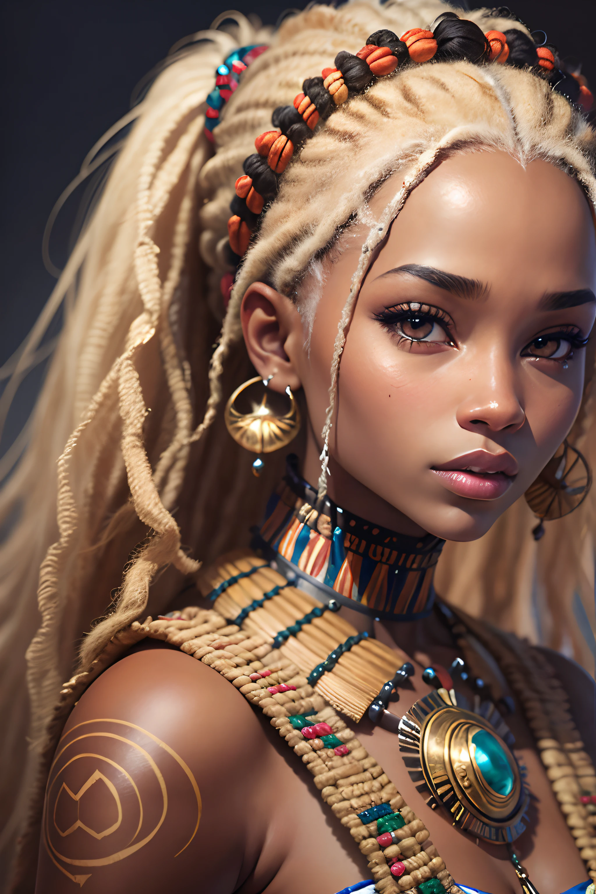 une jeune femme , with blonde locks dreadlocks, et un collier oselet sur le cou, Adolescente Himba futuriste, Futuriste Himba Jeune Femme, Belle femme Himba futuriste, very realistic digital art, very realistic digital art, Superbe princesse africaine, Hyper-realistic faces, Beautiful and realistic faces, Hyper realistic digital art, Himba coiffure, Traits du visage africains, Princesse noire africaine, Ultra realistic digital art