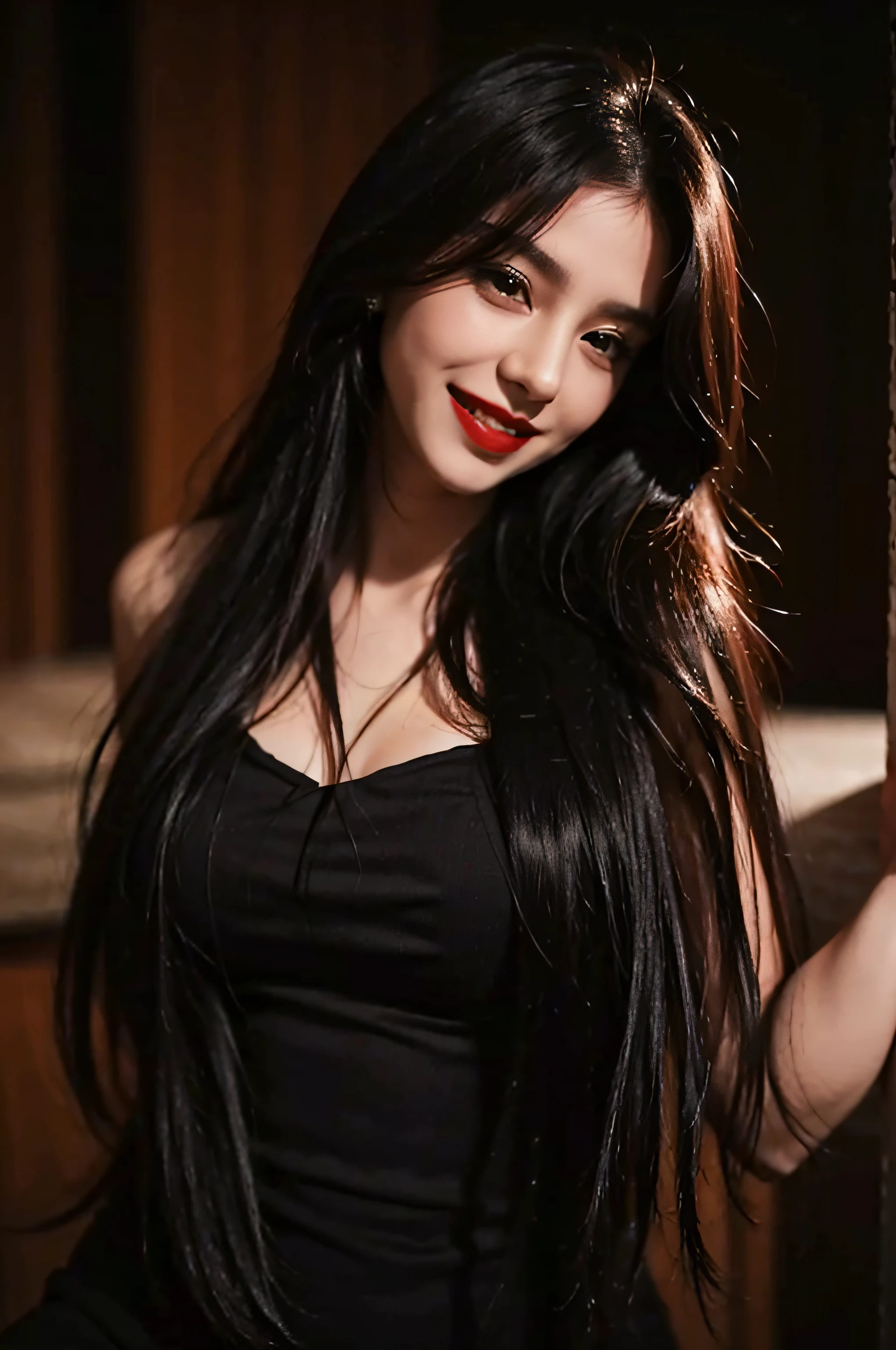vampiresa sexy, sangre en los labias, labios grandes, sonriendo, colmillos de vampiro,