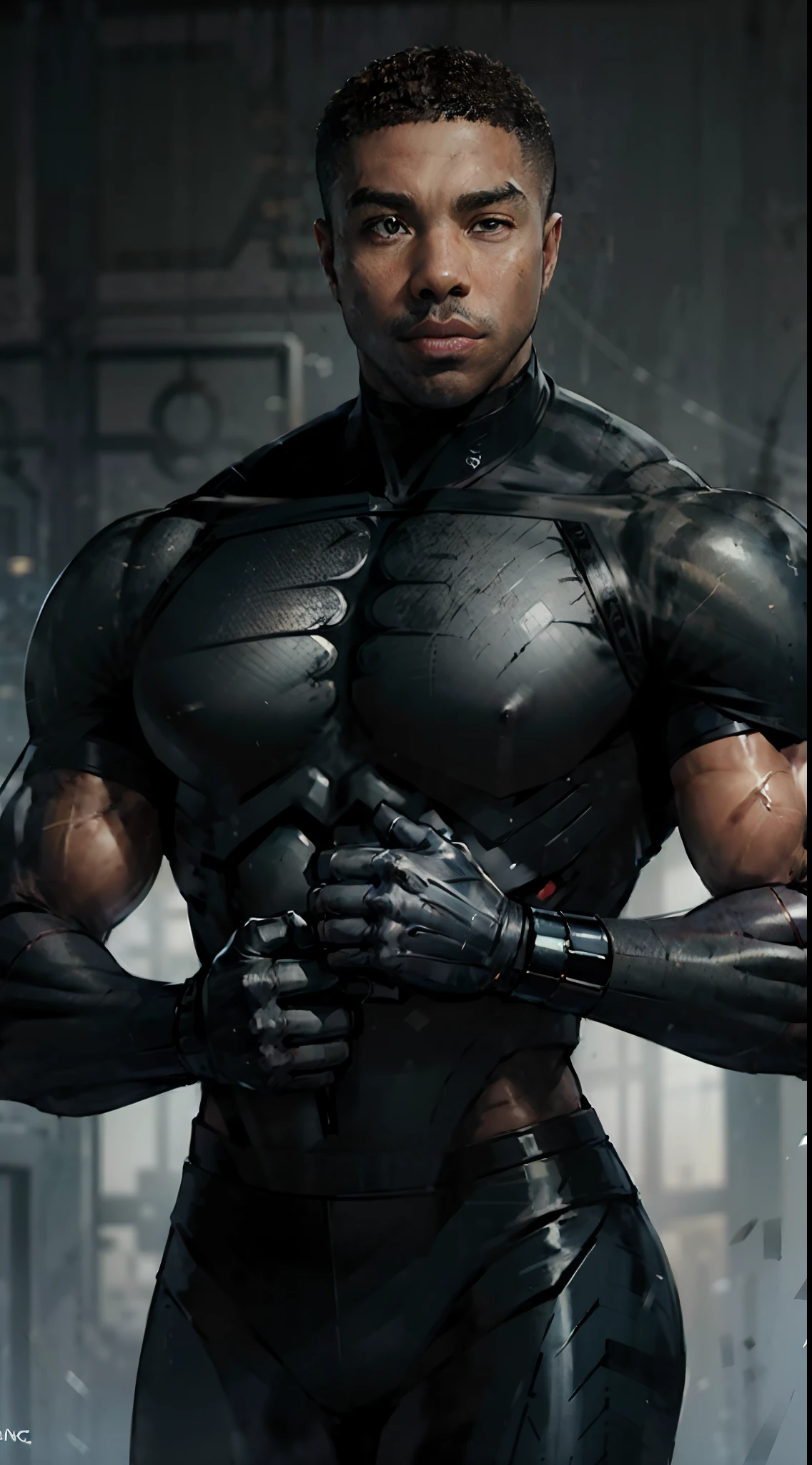 actor ((Michael B. Jordan)) as Jackson Briggs from Mortal Kombat, special forces soldier, ((cybernetic arms and hands)), muscular, imposing figure, military-style clothing, ((in a gym)), intricate, high detail, sharp focus, dramatic, photorealistic painting art by greg rutkowski