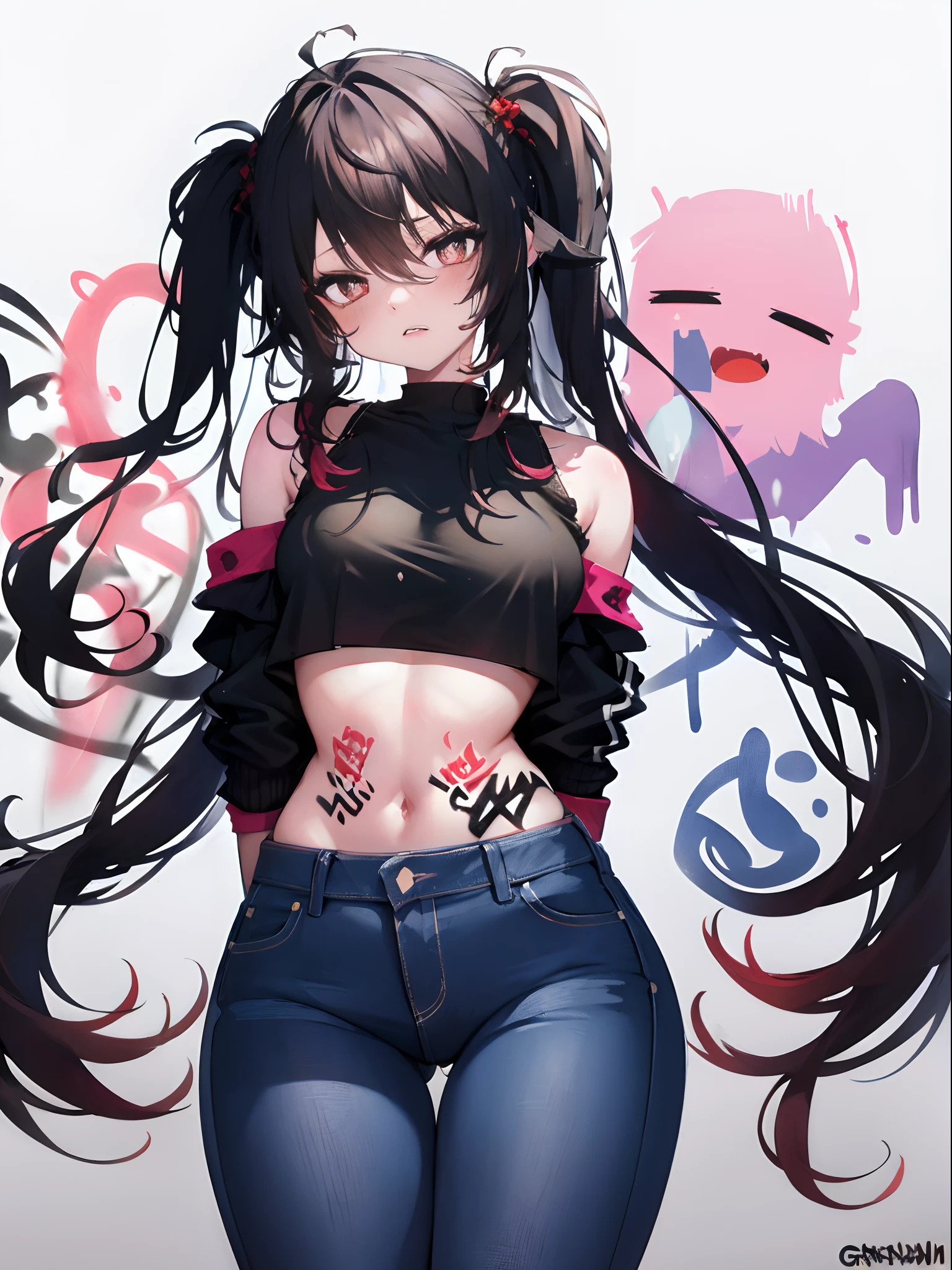 Ear stove|Genshin Effects, master-piece, bestquality, 1girls,20 age, Double tail hairstyle, proportional body, Long Jeans, crop top, oversized breasts, ,bara, (Graffiti:1.5), Splash with purple lightning pattern., arm behind back, against wall, View viewers from the front., Head tilt,