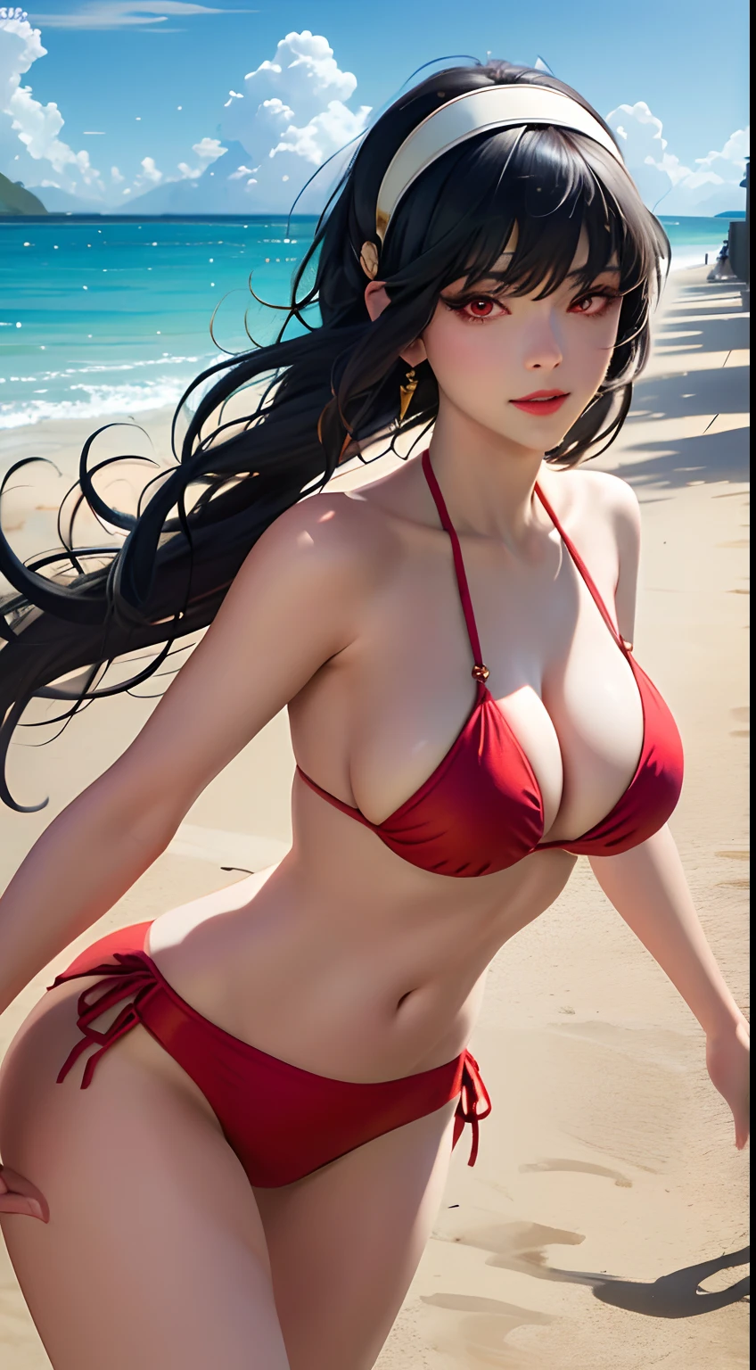 tmasterpiece,best qualtiy,ultra - detailed,illustratio,epic lighting,cinematic compositions,isometry,1girll,ssmile,Redlip,独奏,adolable,red eyes,black color hair,By bangs,red ribon tying hair,captivating posture,looking at viewert,seduct smile,Shut your mouth,(8K:1.1), (red bikini), (((beach))), big boobs, full body, white headband