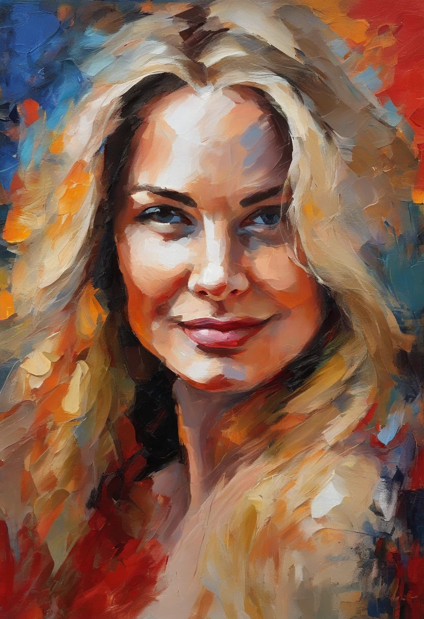 Female portrait, beautiful woman, long blond hair, eyes looking at camera, smiling, provocative red dress, acrylic painting, bold and expressive brushwork, very impressionistic style, vibrant colors, very heavy brushstrokes with thick textured paint, fine art painting.
