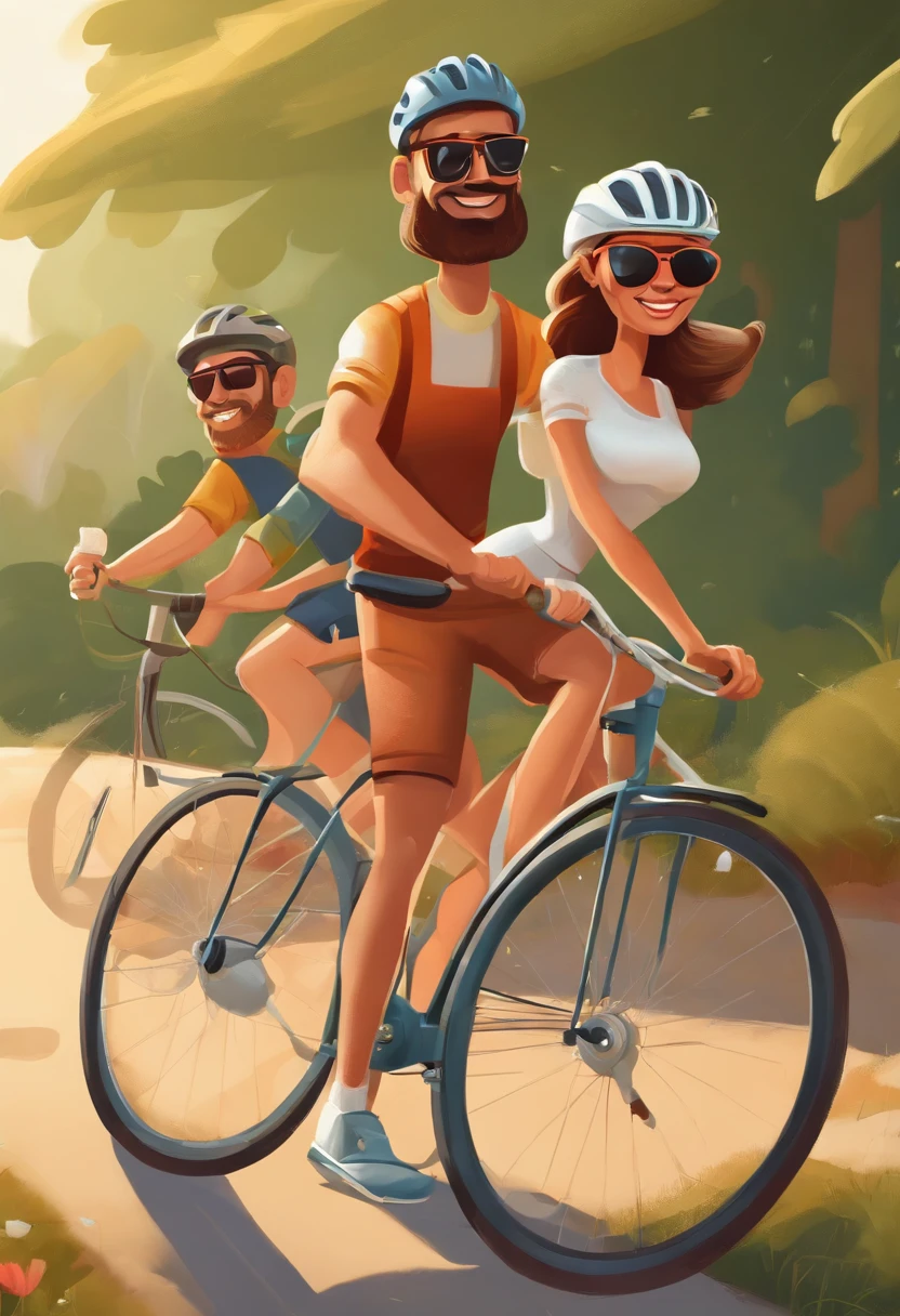 Cartoons of a man and a woman riding a bicycle with sunglasses in, caricatural, adreas rocha, , caricatura, par, Foto realista, charicatura, caricatura!!!, por Hirosada II, ciclismo!!, Andreas, edu souza, 3d , 8k