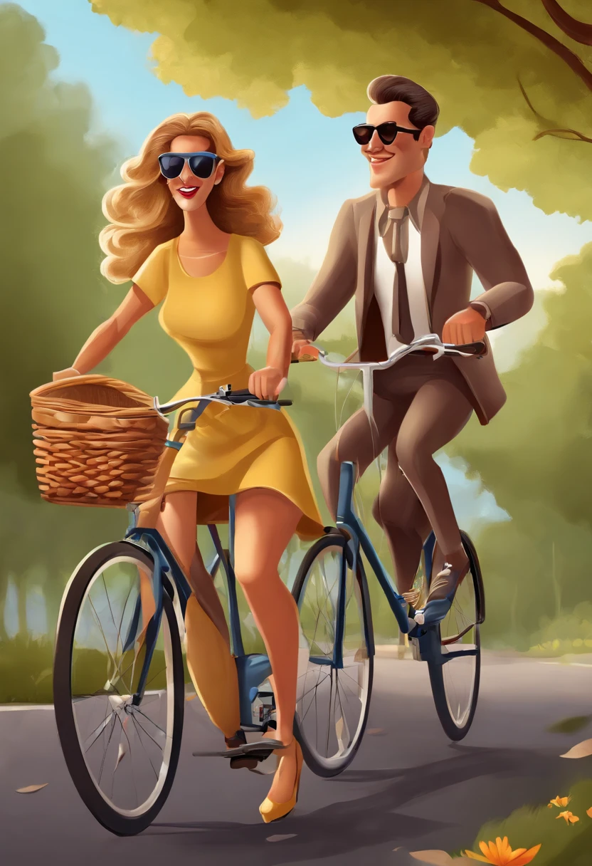 Cartoons of a man and a woman riding a bicycle with sunglasses in, caricatural, adreas rocha, , caricatura, par, Foto realista, charicatura, caricatura!!!, por Hirosada II, ciclismo!!, Andreas, edu souza, 3d , 8k