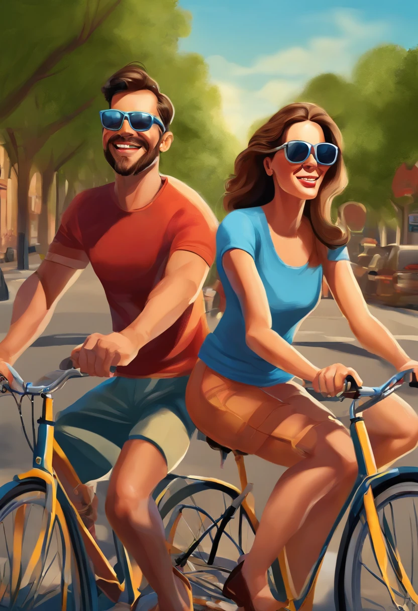 Cartoons of a man and a woman riding a bicycle with sunglasses in, caricatural, adreas rocha, , caricatura, par, Foto realista, charicatura, caricatura!!!, por Hirosada II, ciclismo!!, Andreas, edu souza, 3d , 8k