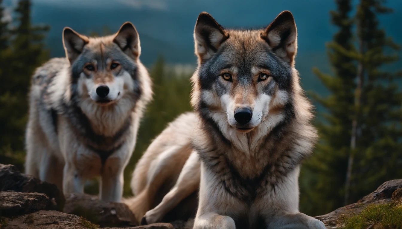 1 wolf,vividness,Standing on the top of a mountain,Domineering,The eyes are shining,The effect is realistic,closeup cleavage,4K
