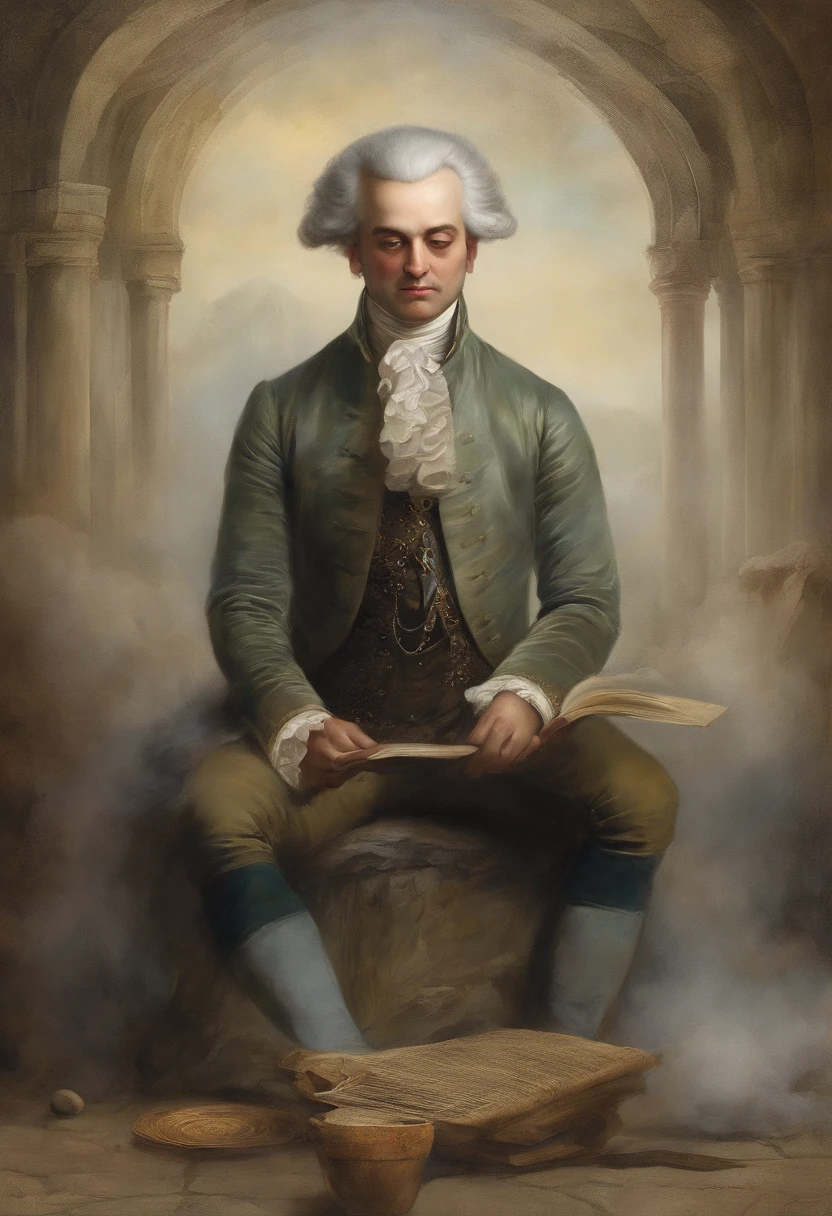 o compositor Wolgang Amadeus Mozart, sitting in a meditation position, diante de um orisonte lindo, com o sol se pondo, in connection with the divine, Foto retrato, Directed by: Drew Tucker, Directed by: Adam Marczyński, Directed by: Alexandre Kucharsky, Directed by: Gavin Nolan, Surrealismo 8K, Directed by: Jason Felix, Yuri Shwedoff e Tom Bagshaw, arte ilustrativa, Estilo Erik Johansson
