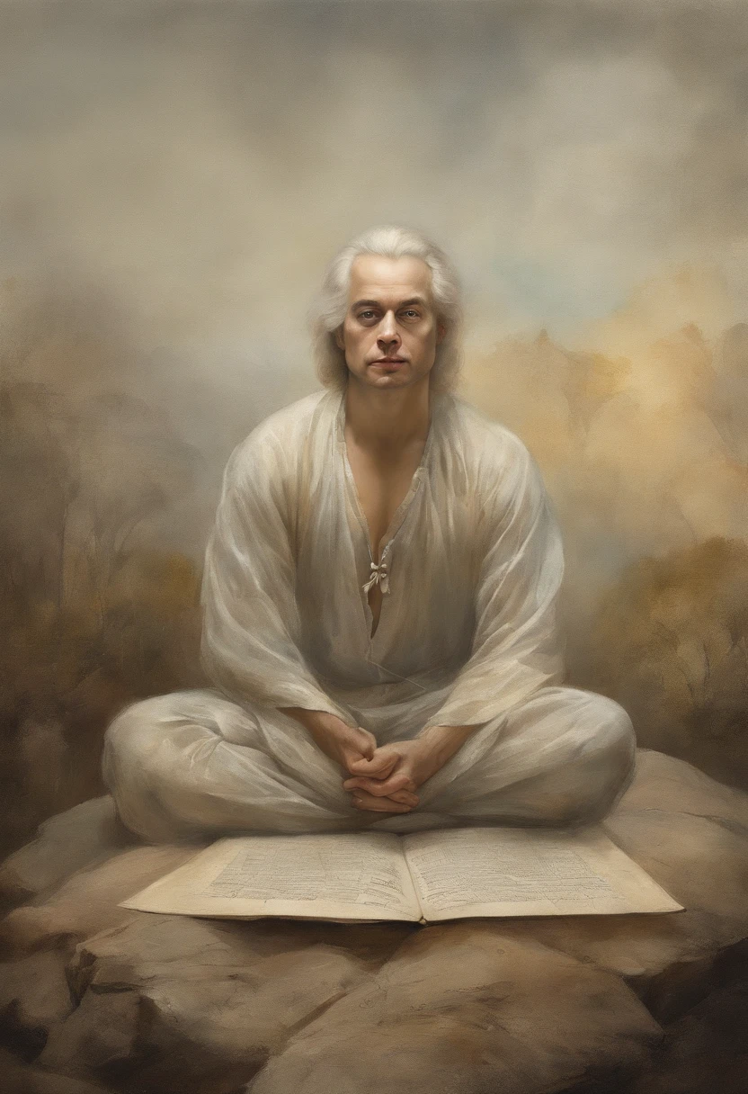 o compositor Wolgang Amadeus Mozart, sitting in a meditation position, diante de um orisonte lindo, com o sol se pondo, in connection with the divine, Foto retrato, Directed by: Drew Tucker, Directed by: Adam Marczyński, Directed by: Alexandre Kucharsky, Directed by: Gavin Nolan, Surrealismo 8K, Directed by: Jason Felix, Yuri Shwedoff e Tom Bagshaw, arte ilustrativa, Estilo Erik Johansson