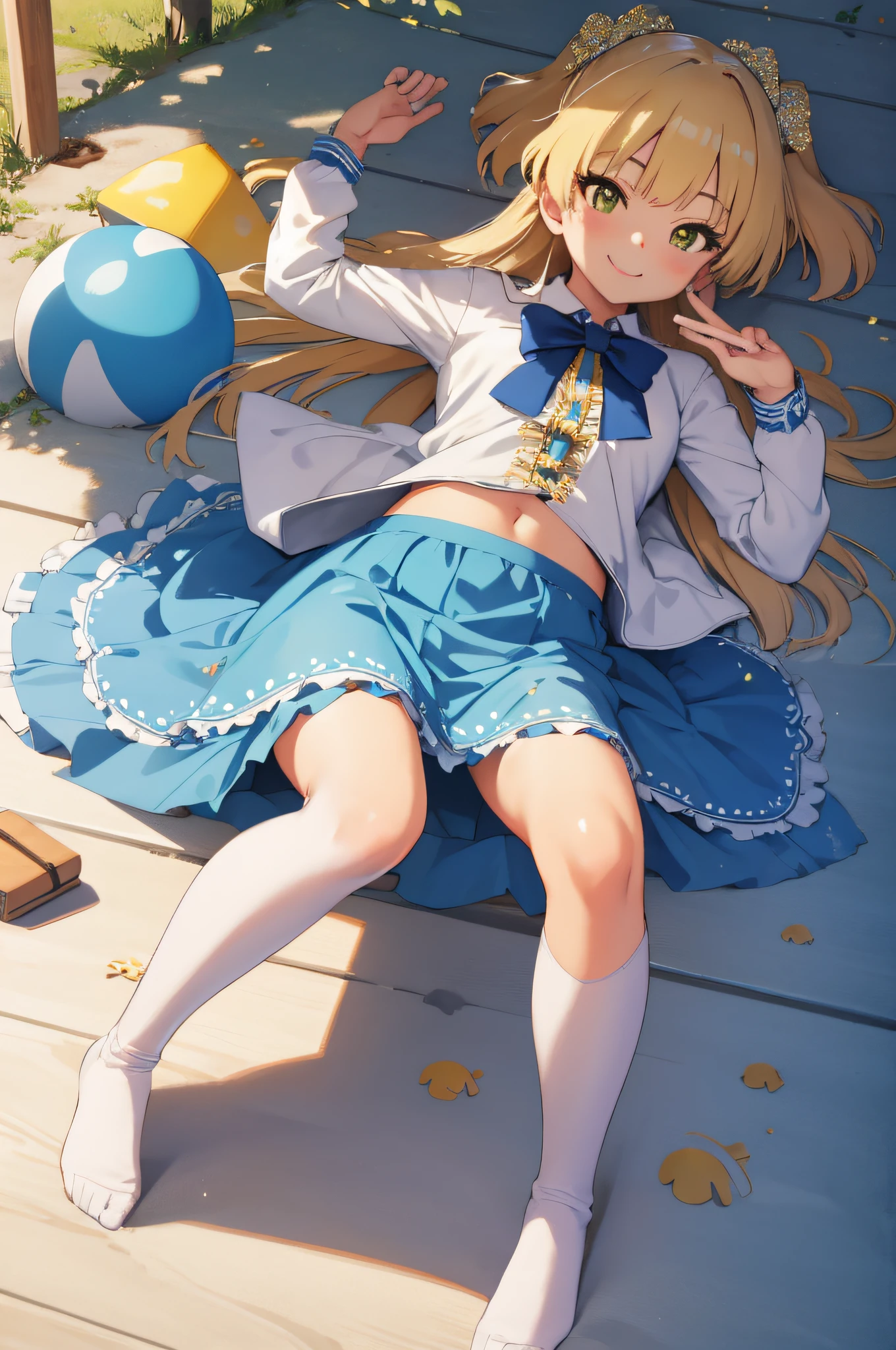 (masterpiece),(intricate details),RikaJou, 1girl, solo, long hair, blonde hair, green eyes, small breasts, fang, smile,bow, (white shirt and blue skirt and a polka dot:1.2),day,sun,rainbow,((cumulonimbus)),((lying on the anywhere)), ((full body)),from below:1.4,depth of field,looking at viewer, eye details,teasing smile, clean detailed anime art,high resolution, (perfect hands, perfect anatomy),