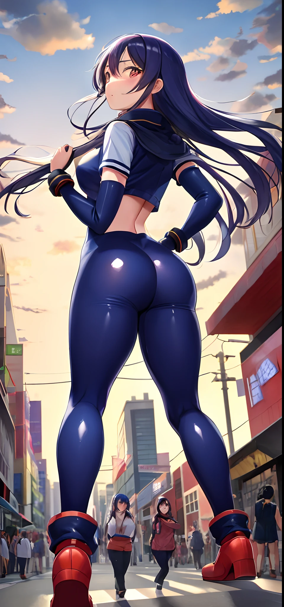 Sonoda umi, skin tight bodysuit,ass, behind, looking back at viewer,in street, crowd
