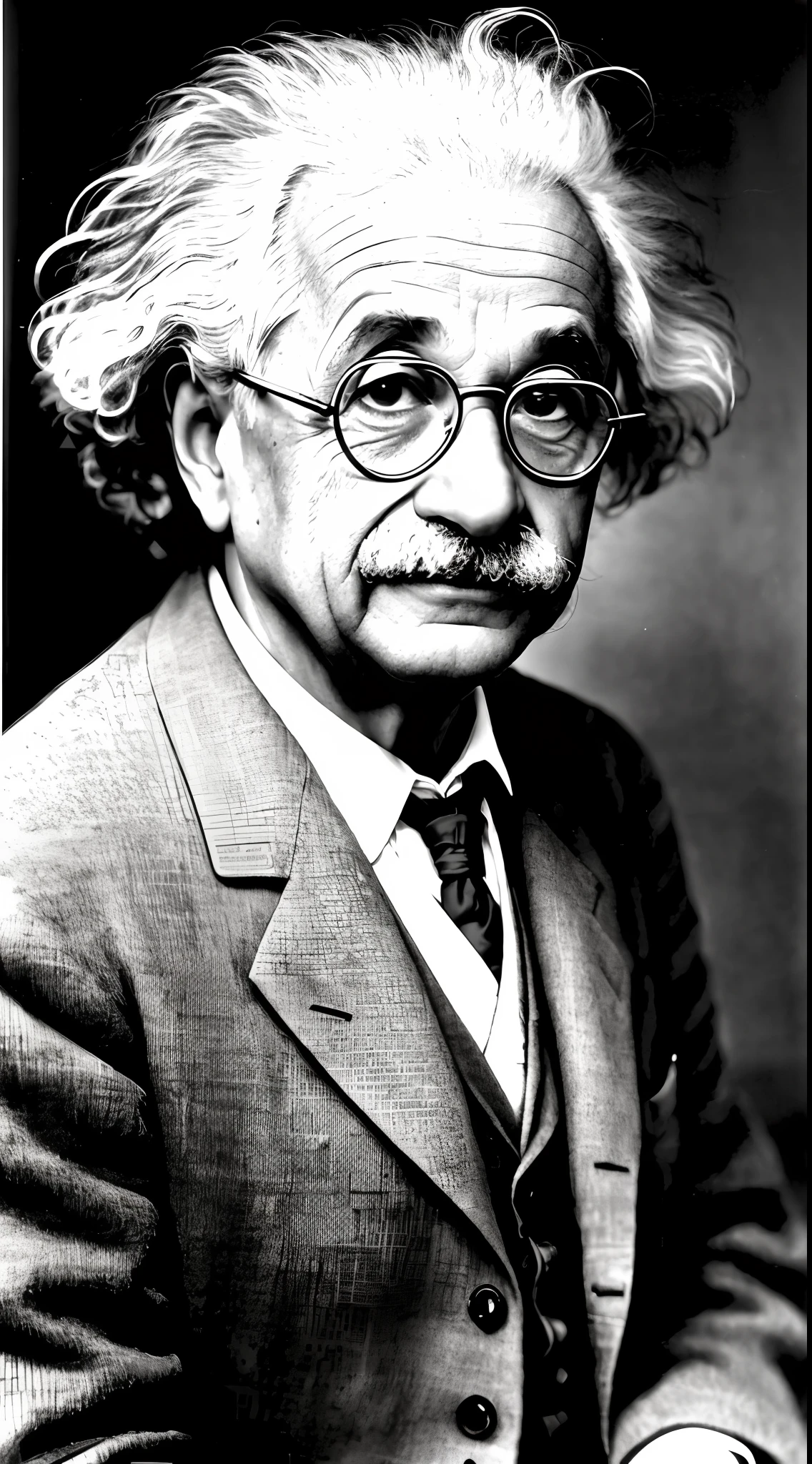 best quality,highres,ultra-detailed,(realistic:1.37),Albert Einstein,genius,wise eyes,curly hair,disheveled hair,white mustache,thick eyebrows,deep wrinkles,intelligent gaze,wise smile,thoughtful expression,white lab coat,blackboard,famous scientist,math equations,symbolic formulas,nobel prize winner,scientific discovery,relativity theory,physics genius,black and white portrait,monochrome,classic photography,vintage style,soft lighting,vivid details,serious expression,historical figure,iconic scientist,groundbreaking research,brilliant mind,legendary physicist,inspiration for generations