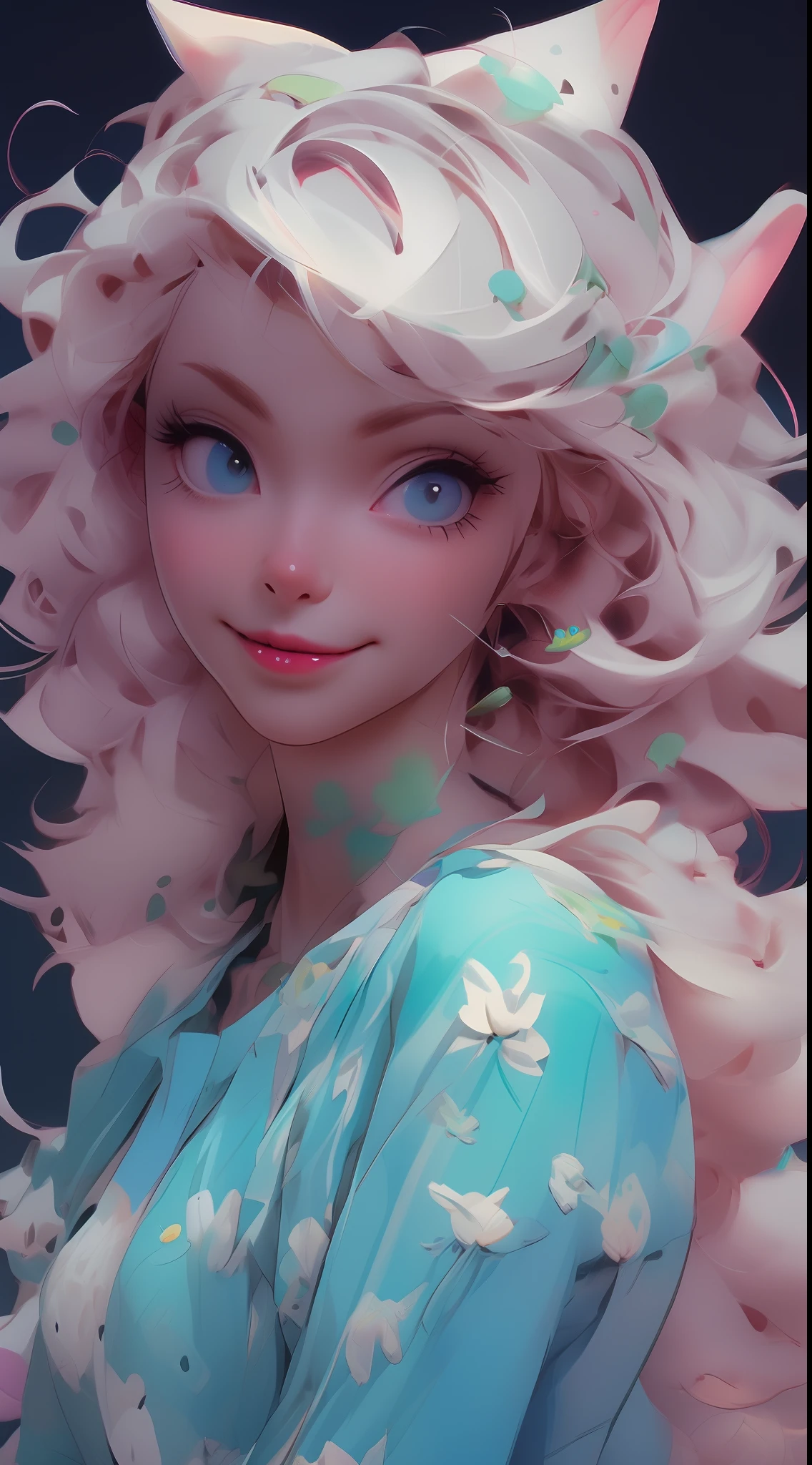 (NIJIFTB), 
a cartoon character with a pink hair and blue eyes wearing a blue dress and pink earrings and a blue dress with pink flowers on it's shoulders,