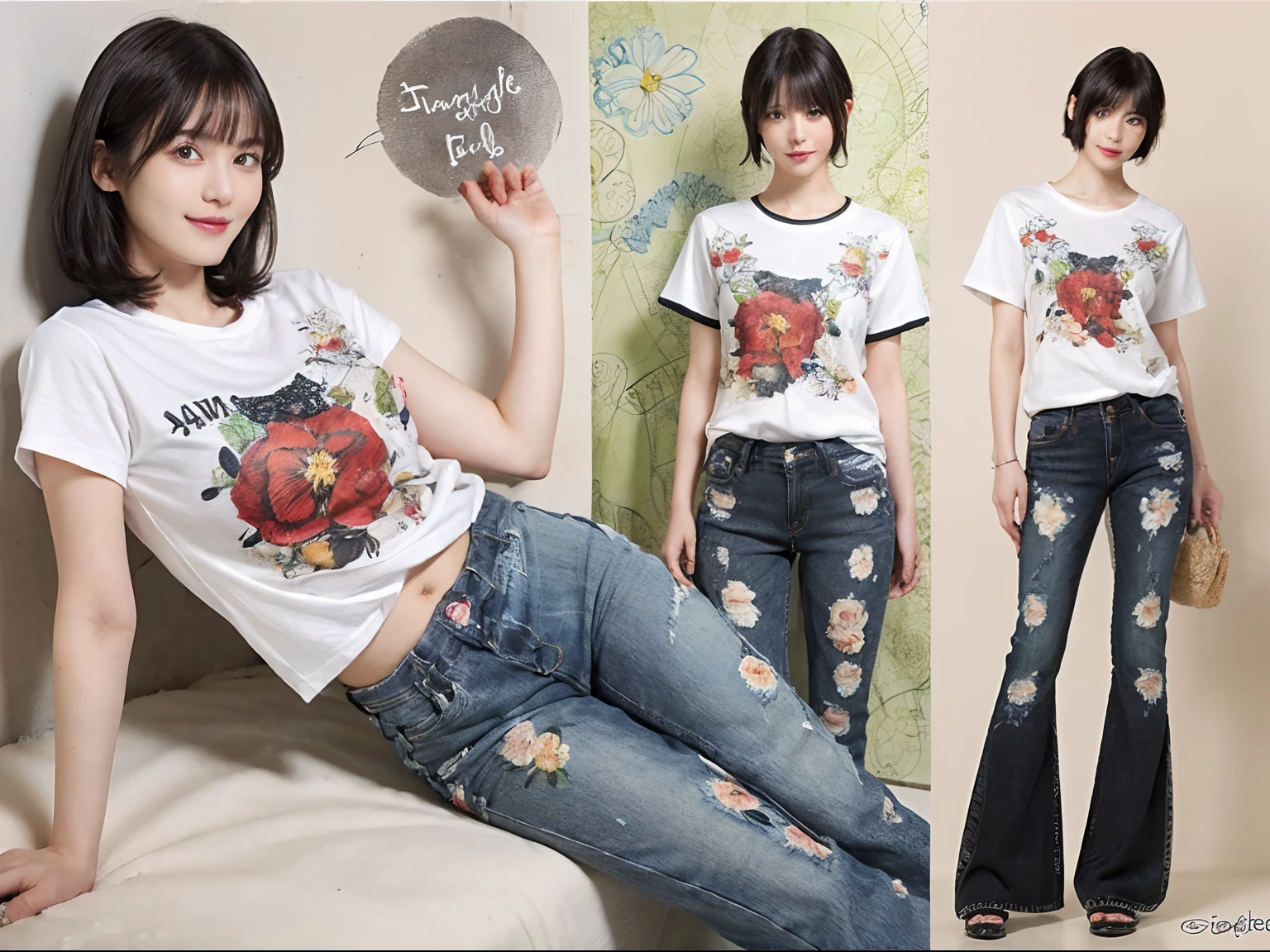 (Black Shorthair:1.2), (a 20 yo woman), (A hyper-realistic), (Masterpiece), (8KUHD), ((Full body)), Smiling, Slender waist, Wearing jeans, ((Floral Clothing - T-Shirts)), large full breasts, Wearing long pants, abstract painting, (doodle:1.46)