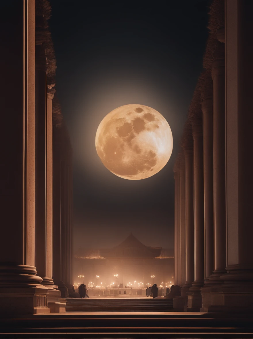 4K,Tiananmen,Graphic design,Geometric composition,during night,Huge Full Moon,A small amount of smoke,Cans,poster for, Fresh style background, Attractive,Ultra HD,tmasterpiece,romanticism lain, Maximalism,Close-up, 8K,ccurate, Best quality, hyper HD,