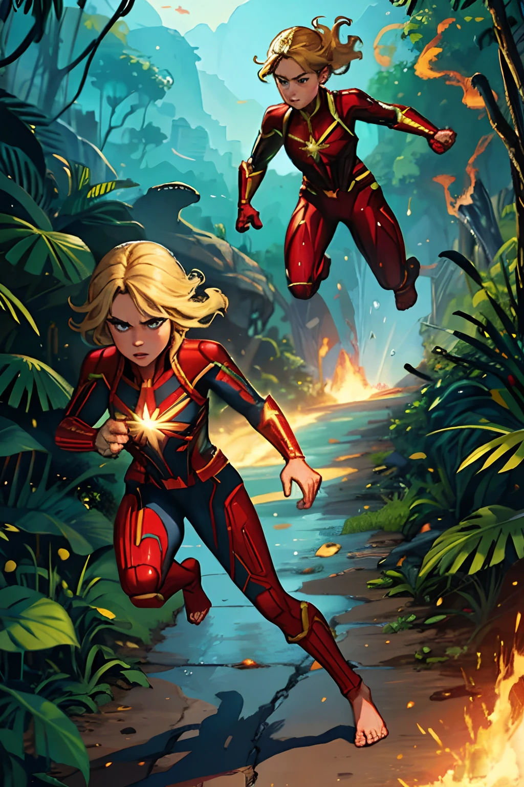 full body view of a barefooted Brie Larson as Captain Marvel running in panic towards the viewer through the jungle while chased by a dangerous dinosaur, her face denotes fear and desperation, action pose, no shoes, the dinosaur is very big and is visible very close behind her