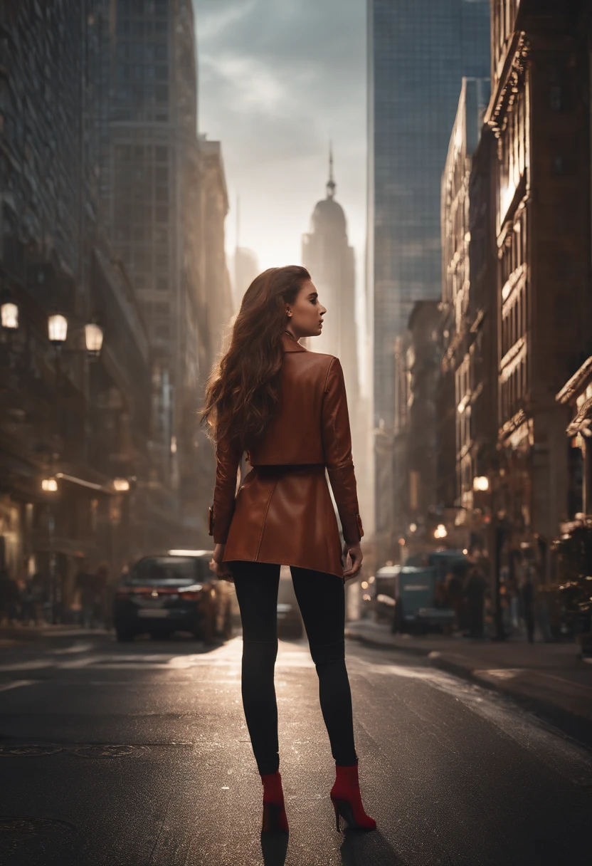 A woman in a red coat and black pants standing on a city street - SeaArt AI