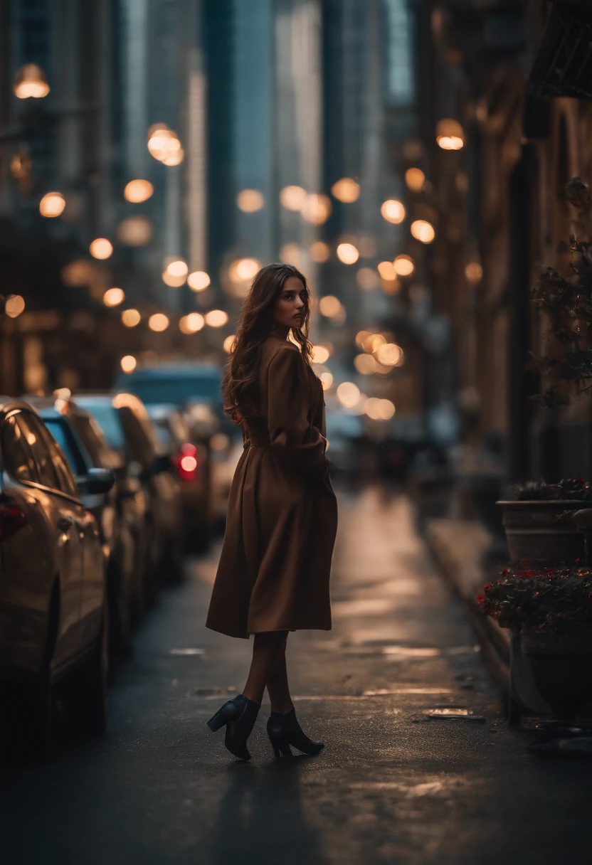 A woman in a trench coat walking down a street at night - SeaArt AI
