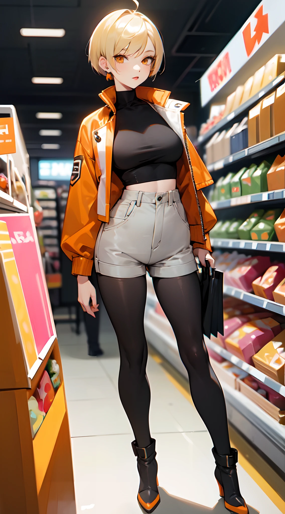 In a grocery story , shopping , bright lit , casual scene , Stunning woman , short hair , blonde hair , orange eyes , no pupils , pink lips , pale skin , age 26,
Wearing a cropped jacket , orange jacket, black sorts bra, high waisted shorts , black tight shorts , gray platform high heeled boots , silver triangle earrings,