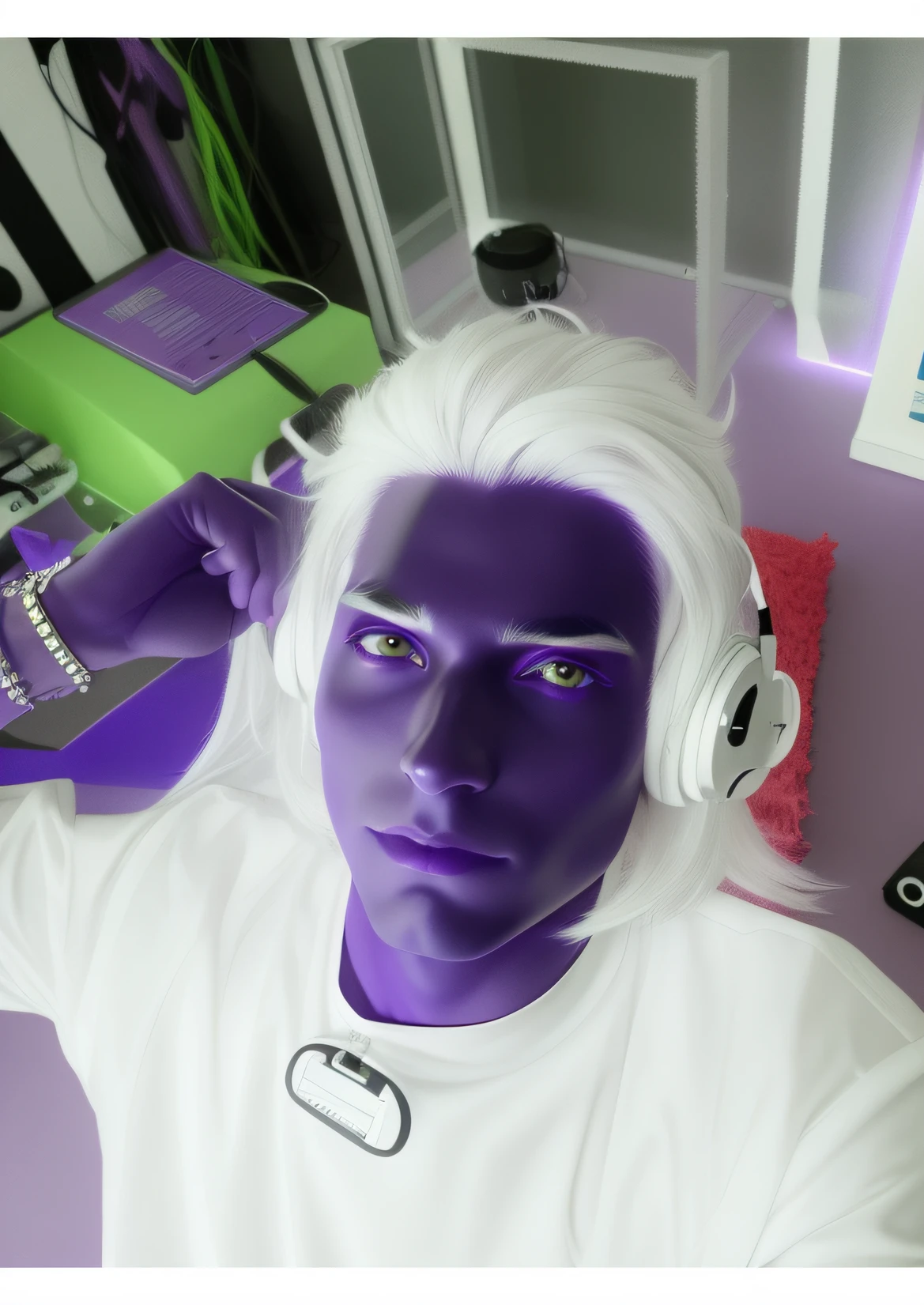 Purple man with white hair and white wig holding a purple object, colored photon, purple filter, Luz negra reaccionando, purple head, purple skin, purple alien, Luz negra reactiva, transforming into his final form, Usar auriculares morados, Luz negra UV, purple - tinted, purple skin color, Precisely colored, purple aura, Cara blanca y brillante, peluca empolvada