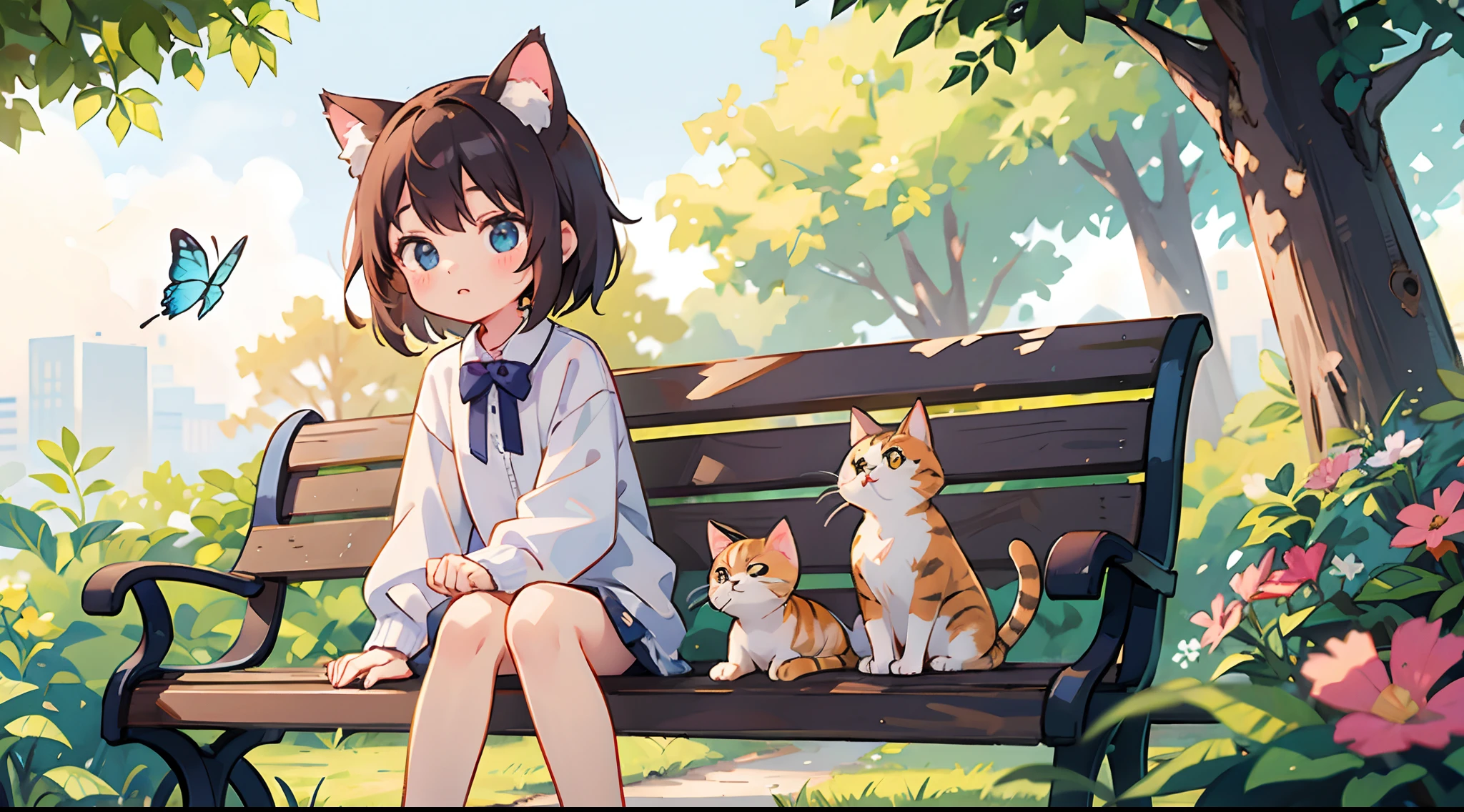 Cat-eared girl sitting on a bench with cat and butterfly