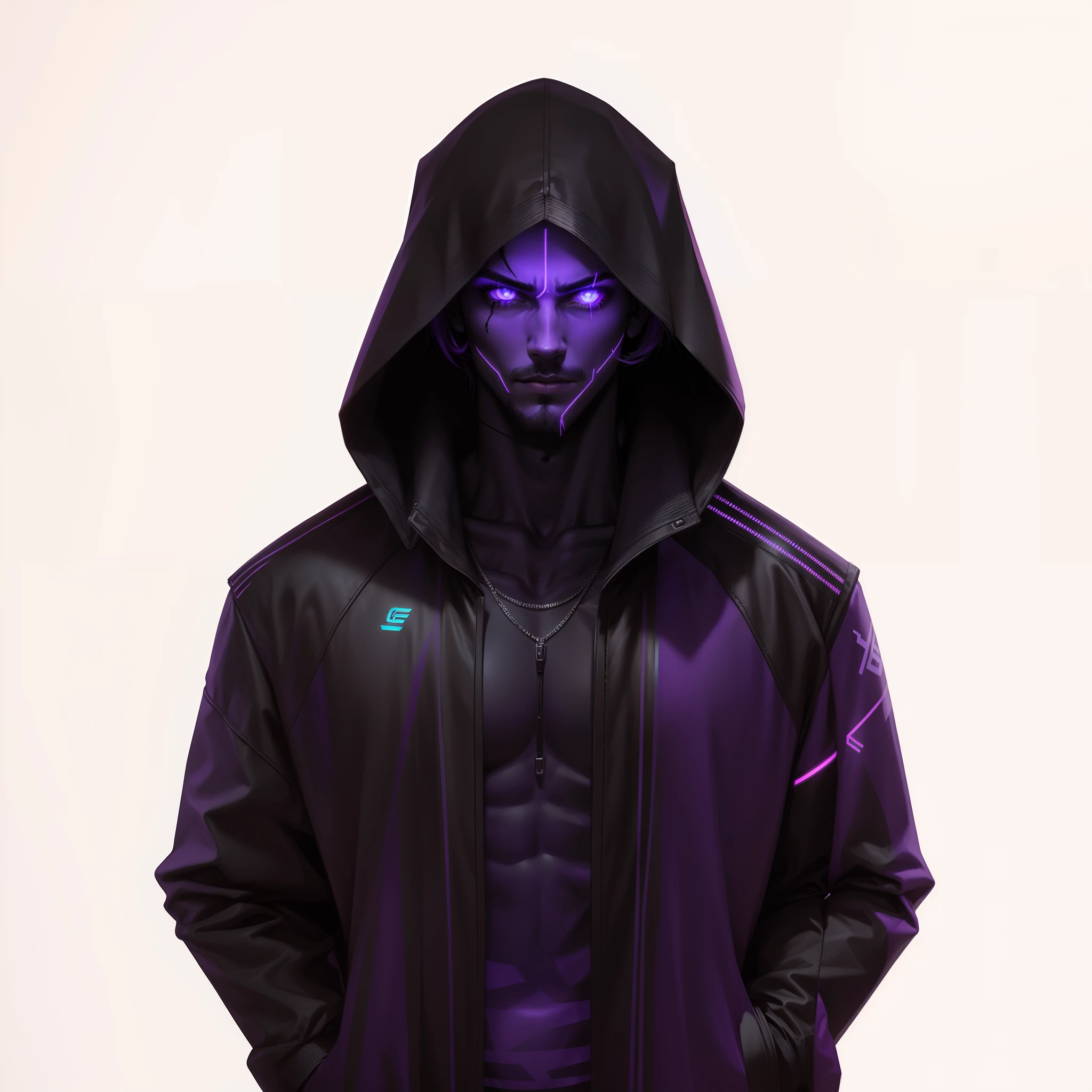 personagem masculino, encapuzado, estilo cyberpunk, e olhos neon, Preto com neon roxo.