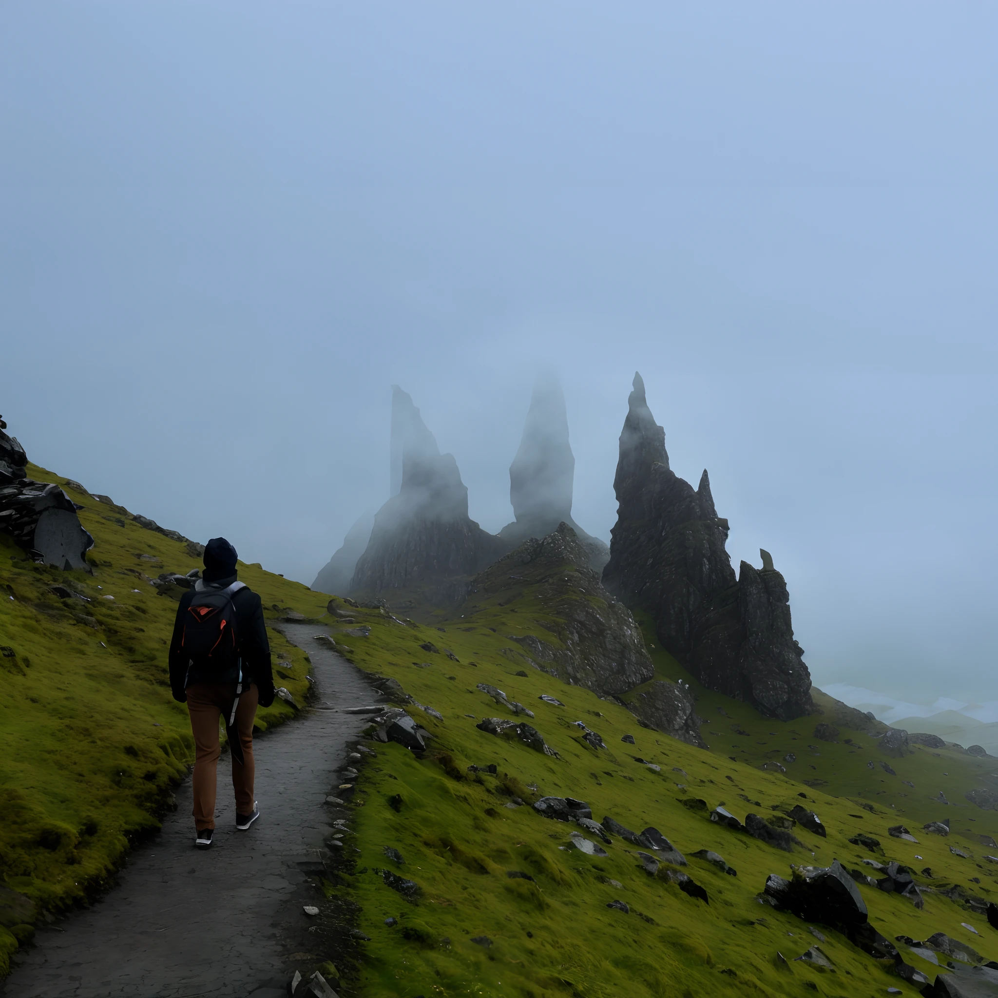 There was a man walking on a path in fog, There are jagged rocks and creepy, In Scotland, Scotland, There are jagged rocks & eerie, Misty Castle, girl walking on mountain, tall stone spires, walking above the clouds and fog, Emerge from the fog, castle in distance, eerie moorlands behind her, Foggy and atmospheric, scottish highlands