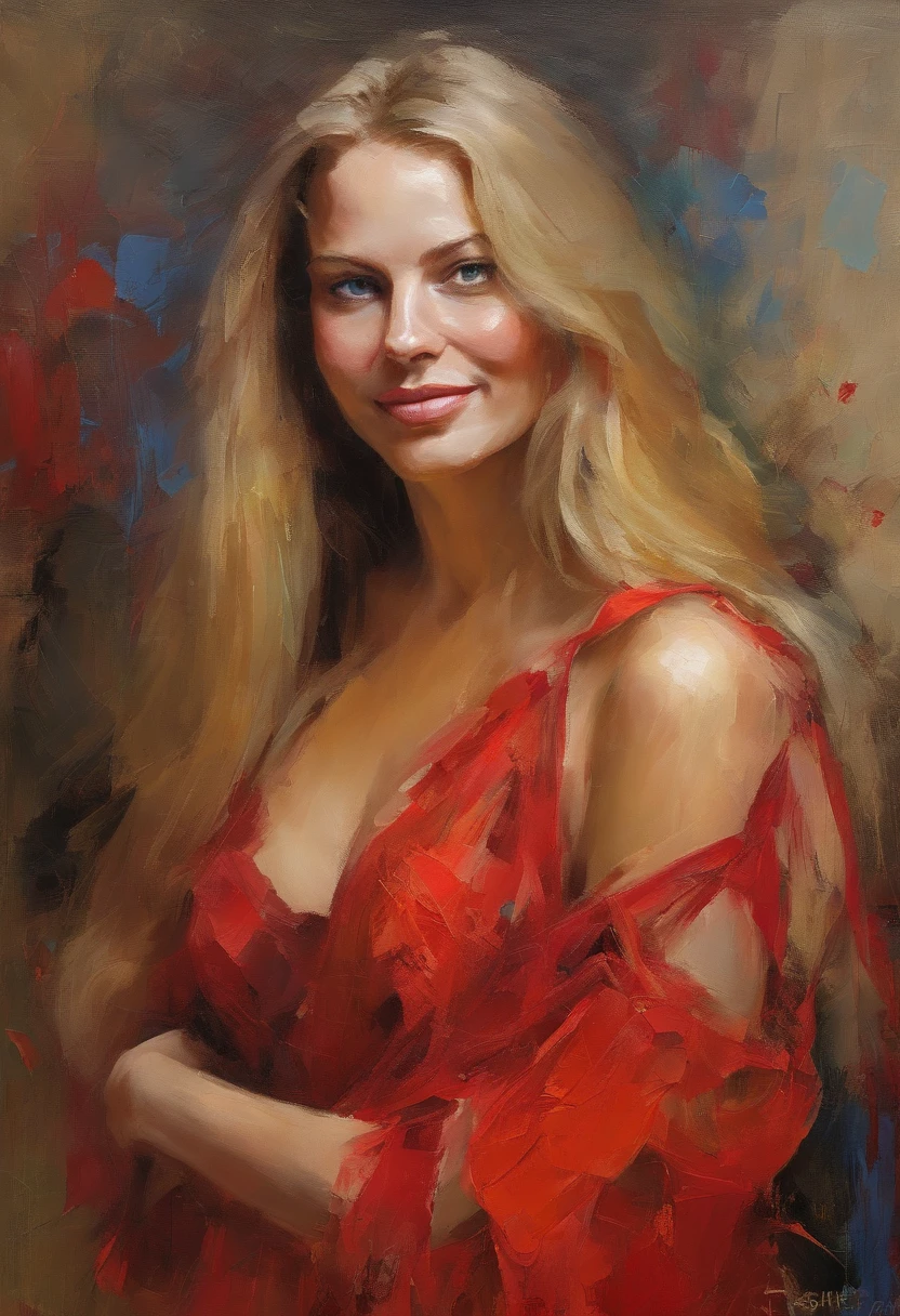 Female portrait, beautiful woman, long blond hair, eyes looking at camera, ((smiling)), provocative red dress, acrylic painting, bold and expressive brushwork, impressionistic style, vibrant colors, very heavy brushstrokes with thick textured paint, fine art painting, ((Rod acrylic paint)), Wadim Kashin.