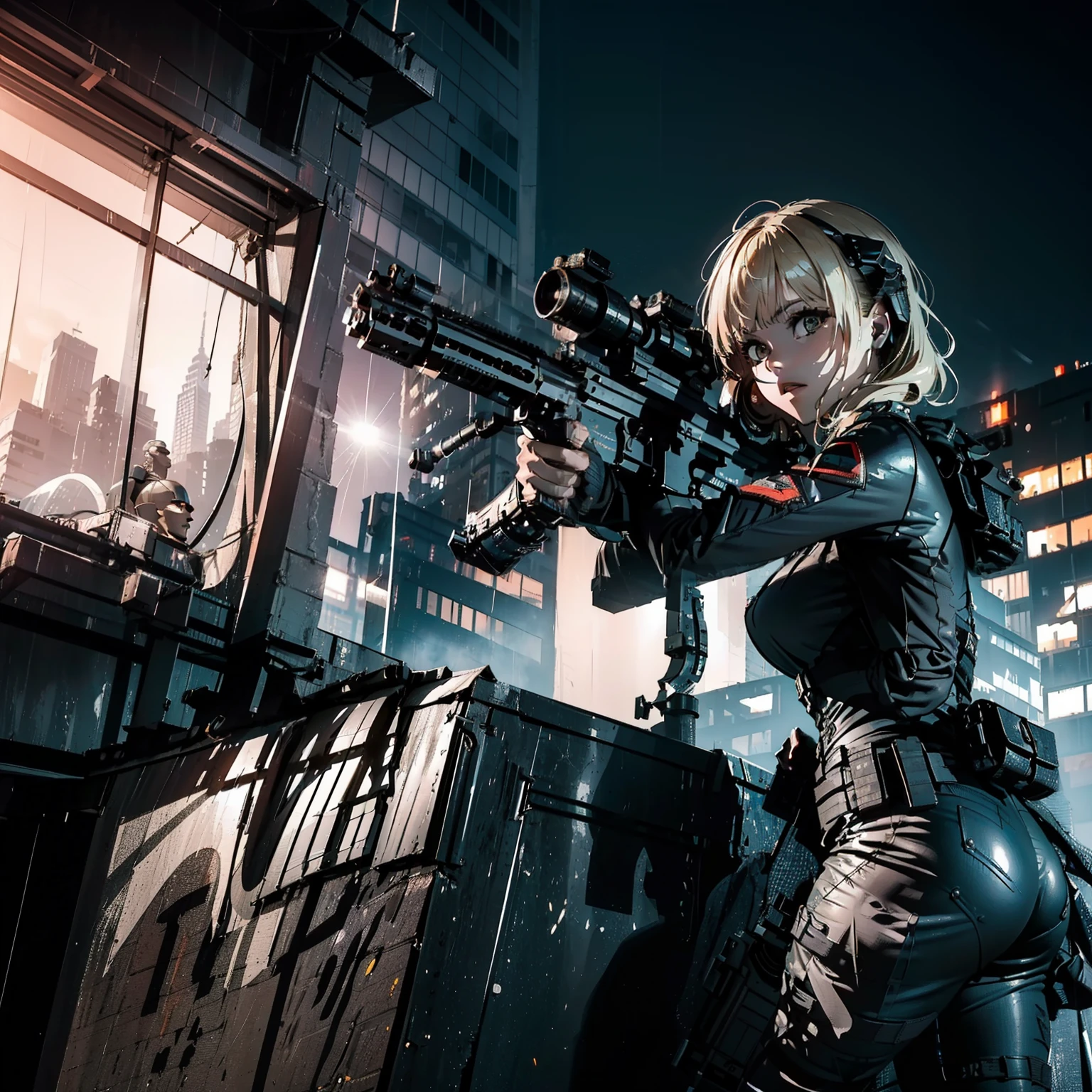 (Trained female soldiers)、((Aim and fire your rifle:1.4、Sniper stance、guns、h&K HK416))、1 Women、thick body、(Black combat uniform)、(platinum-blonde-hair:1.2)、((超A high resolution))、Detail Write、​masterpiece、top-quality、extremely details CG、8K picture quality、Cinematographic lighting、lensflare、(Skyscraper rooftop at night:1.4)、Hyper-detailing、((Dynamic Angle Bust Shots:1.4))、Detailed firearm depiction、Rifle with perfect detail、Perfect barrel that does not distort、Fighter in the sky、Military drones