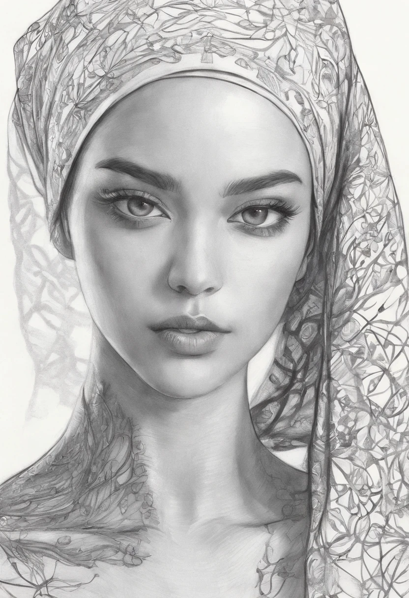 Portrait of an african black woman wearing an ornated veil, muslim dressing, islamic, defined black lines, 1girl, solo, agua, chica abrazando tulipanes, fondo simple, fondo blanco, monocromo, lineart, ((sketch)),((high quality, masterpiece:1.4)), 1girl, ((upper body)), portrait sketch, messy drawing, messy charcoal spots, unfinished sketch, sketchbook charcoal style drawing of a woman, sketchbook drawing, sketchbook, beautiful hair, medium short hair, beautiful face, symmetrical face, symmetrical eyes, ((paper material background)), realistic charcoal lines, imperfect drawing, charcoal crumbs, charcoal lines, imperfection, fading sketch, sQueratogray Sketch (eddiemauro-mix)