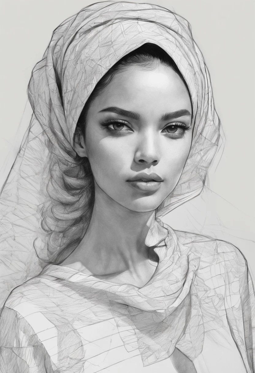 Portrait of an african black naked body woman wearing an ornated veil, muslim dressing, islamic, defined black lines, 1girl, solo, agua, chica abrazando tulipanes, fondo simple, fondo blanco, monocromo, lineart, ((sketch)),((high quality, masterpiece:1.4)), 1girl, ((upper body)), portrait sketch, messy drawing, messy charcoal spots, unfinished sketch, sketchbook charcoal style drawing of a woman, sketchbook drawing, sketchbook, beautiful hair, medium short hair, beautiful face, symmetrical face, symmetrical eyes, ((paper material background)), realistic charcoal lines, imperfect drawing, charcoal crumbs, charcoal lines, imperfection, fading sketch, sQueratogray Sketch (eddiemauro-mix)