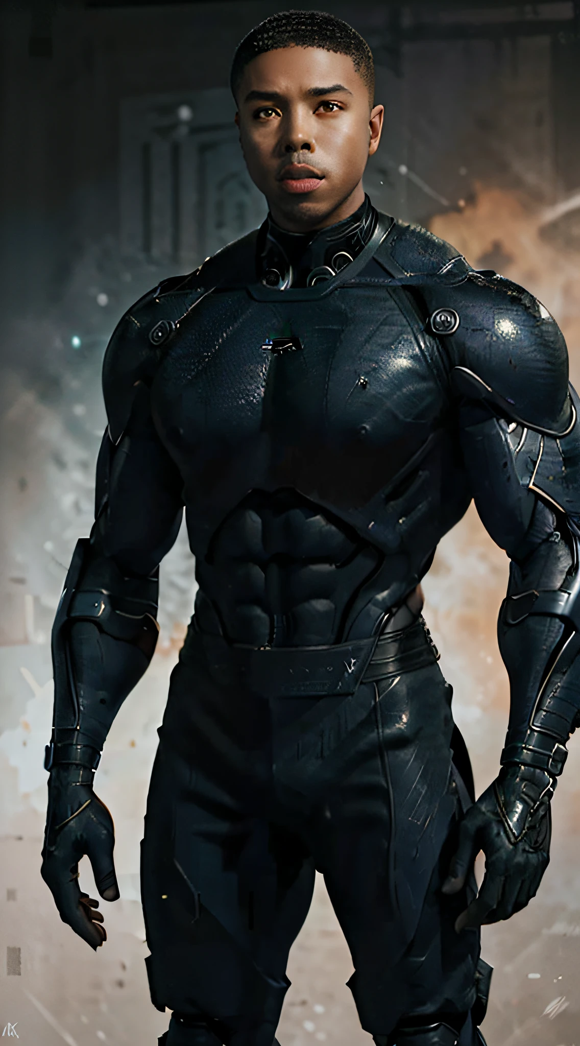 actor ((Michael B. Jordan)) as Jackson Briggs from Mortal Kombat, special forces soldier, ((cybernetic arms and hands)), muscular, imposing figure, military-style clothing, ((in a gym)), intricate, high detail, sharp focus, dramatic, photorealistic painting art by greg rutkowski