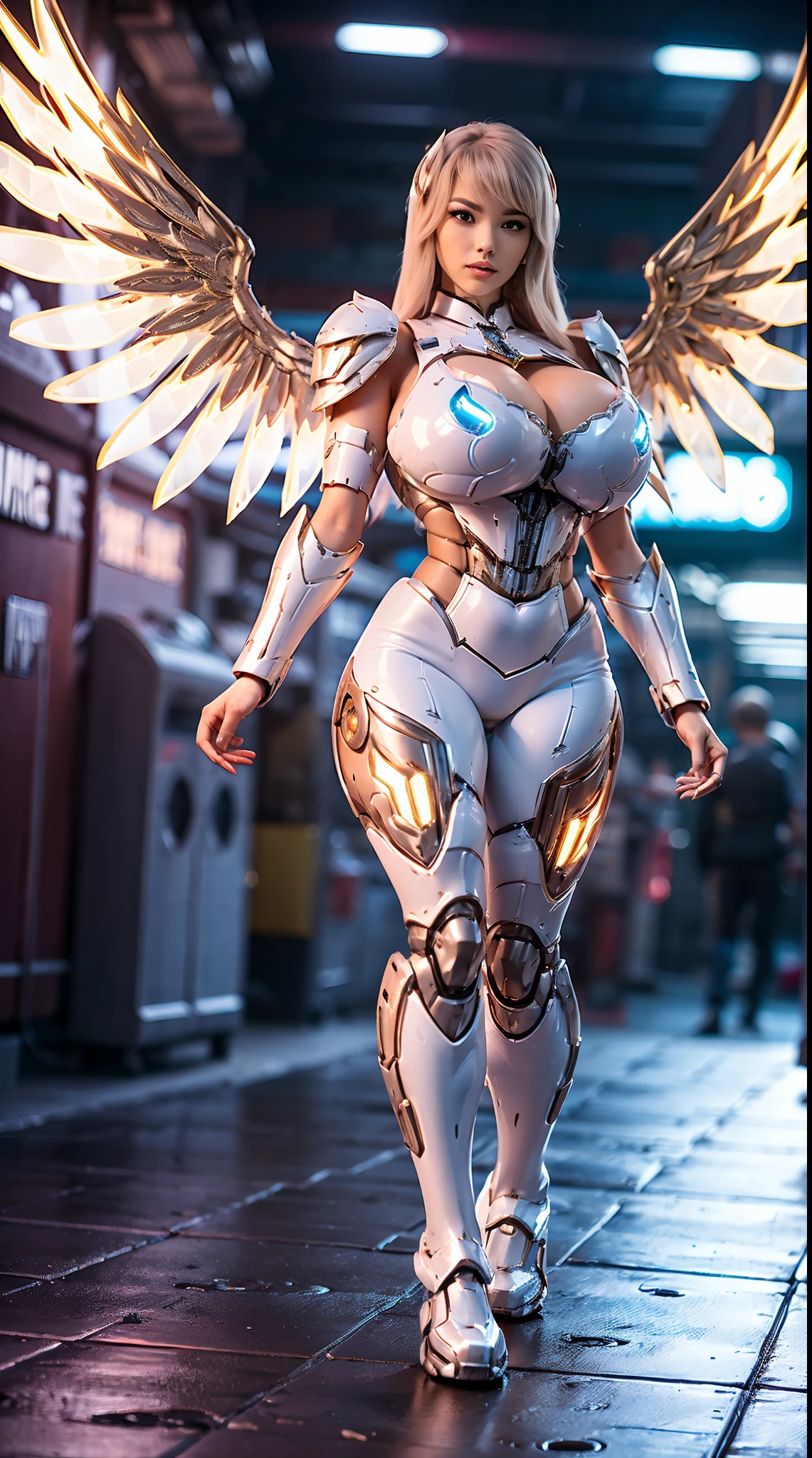 A CUTE WOMAN, BEAUTIFULL FACE, FRONT BANGS, HUGE FAKE BOOBS, WHITE, GOLD, SCARLET, (MECHA ARMOR FULL GEAR), (SKINTIGHT YOGA PANTS), (CLEAVAGE), ((A PAIR MECHANICAL DOUBLE WINGS:1.2)), (FULL BODY:1), TRANSPARANT, (TALL LEGS:1), (WALKING), (SEXY BODY:1), (MUSCLE ABS:1).